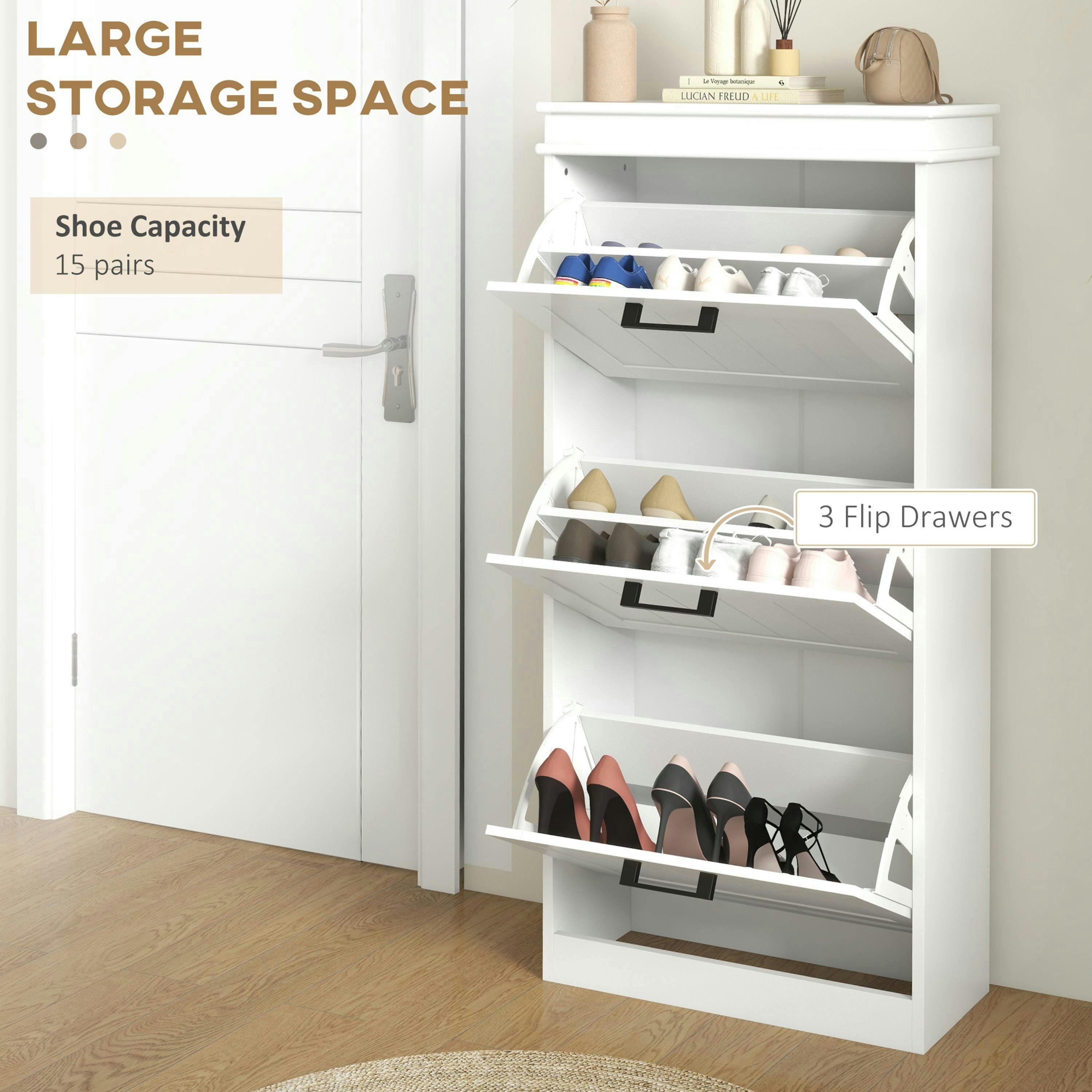 HOMCOM Slim Shoe Storage Cabinet with 3 Flip Drawers for Entryway, White , view 4 of 5