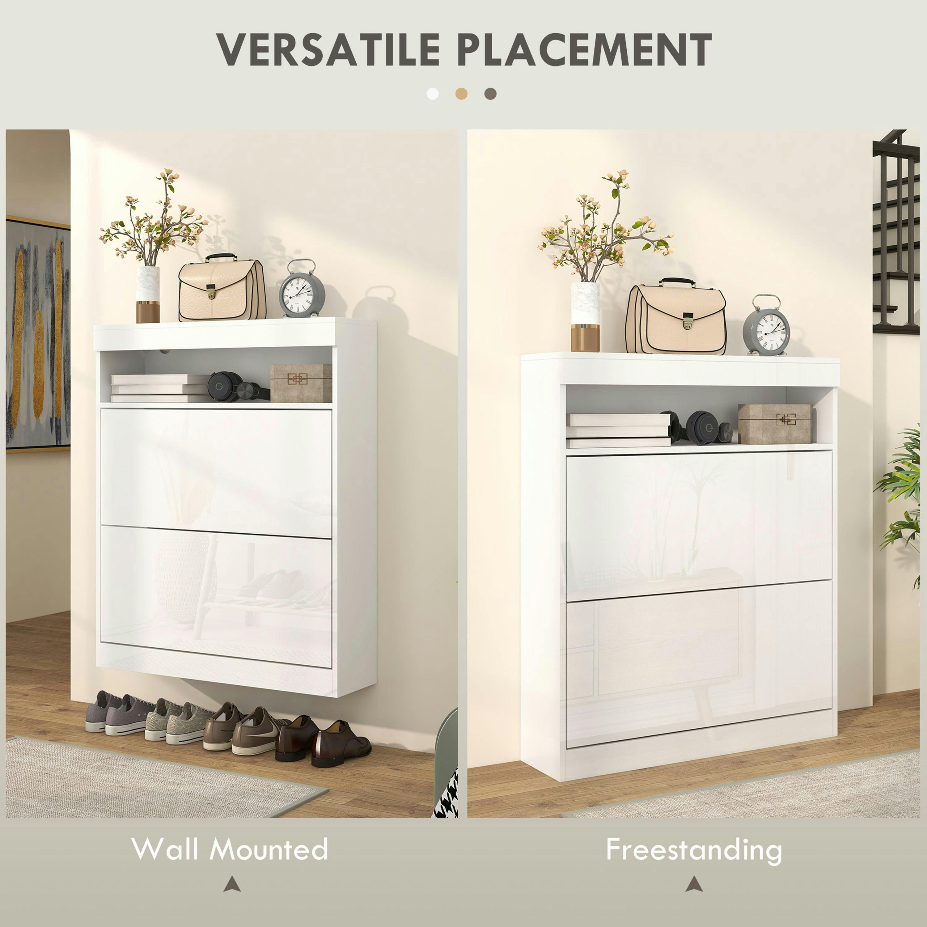 HOMCOM Wall Mounted or Freestanding Shoe Cabinet with 2 Flip Drawers , view 4 of 5