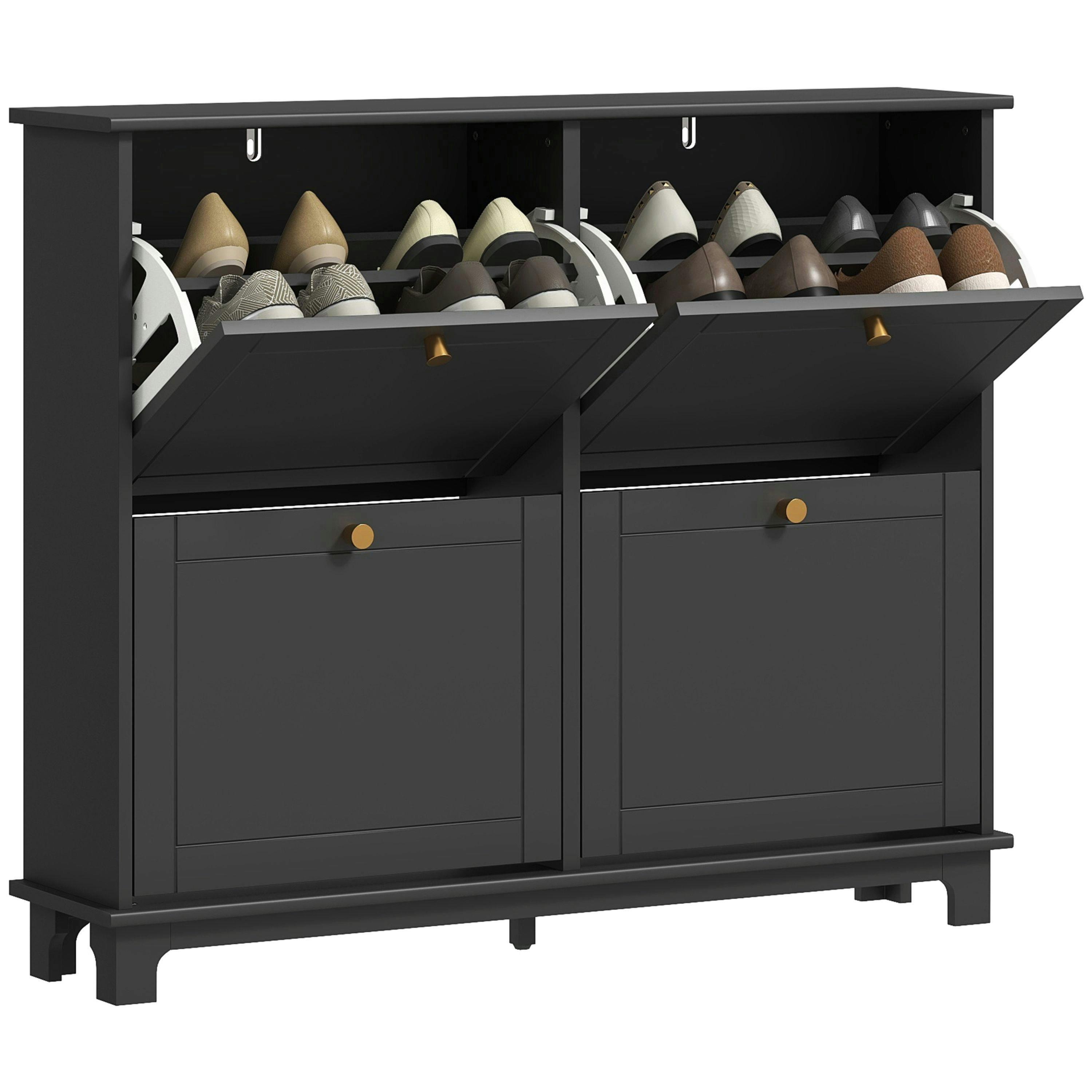 HOMCOM Narrow Shoe Cabinet with 4 Flip Drawers Adjustable Shelves, Black , view 2 of 5