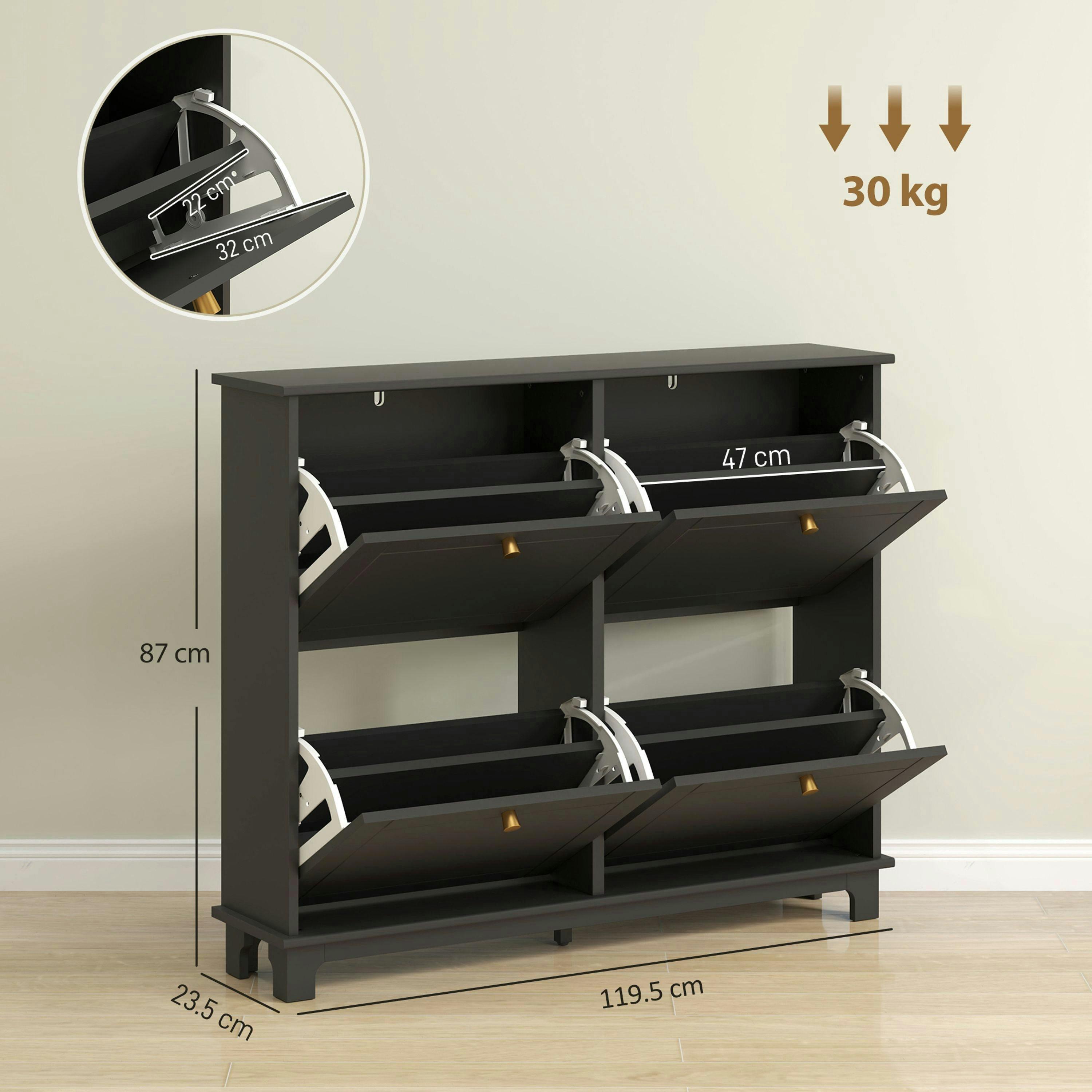 HOMCOM Narrow Shoe Cabinet with 4 Flip Drawers Adjustable Shelves, Black , view 3 of 5