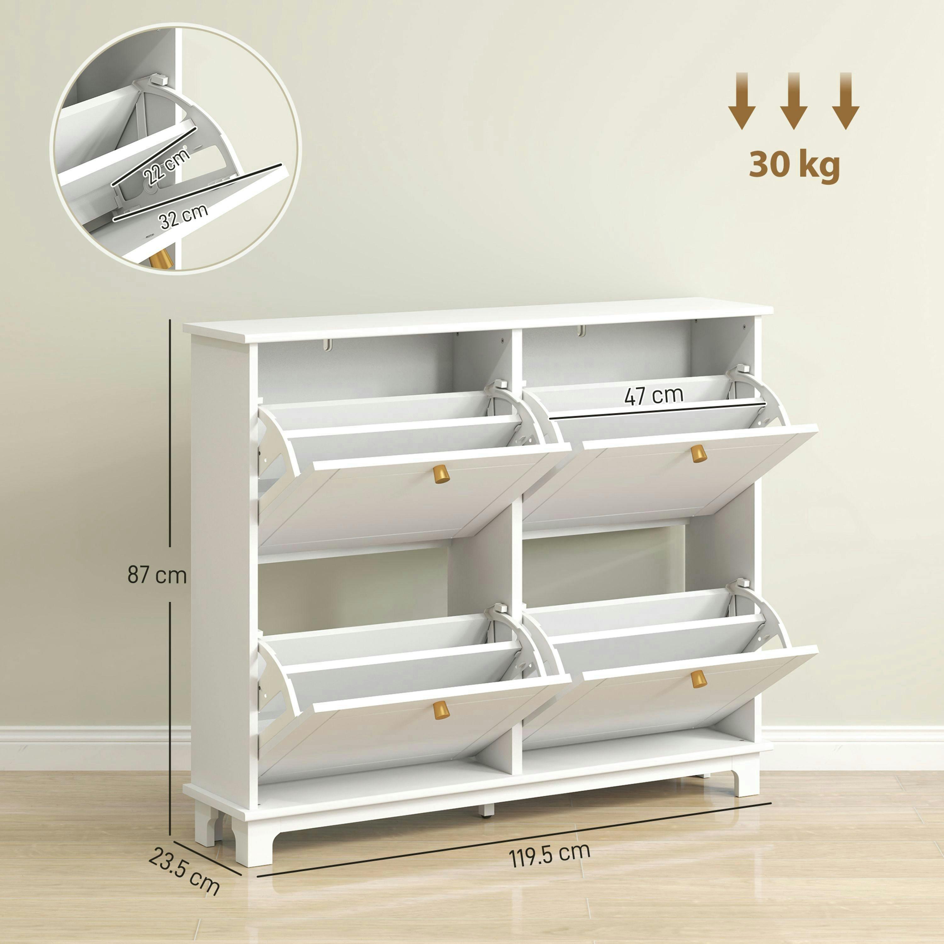 HOMCOM Narrow Shoe Cabinet with 4 Flip Drawers Adjustable Shelves, White , view 3 of 5