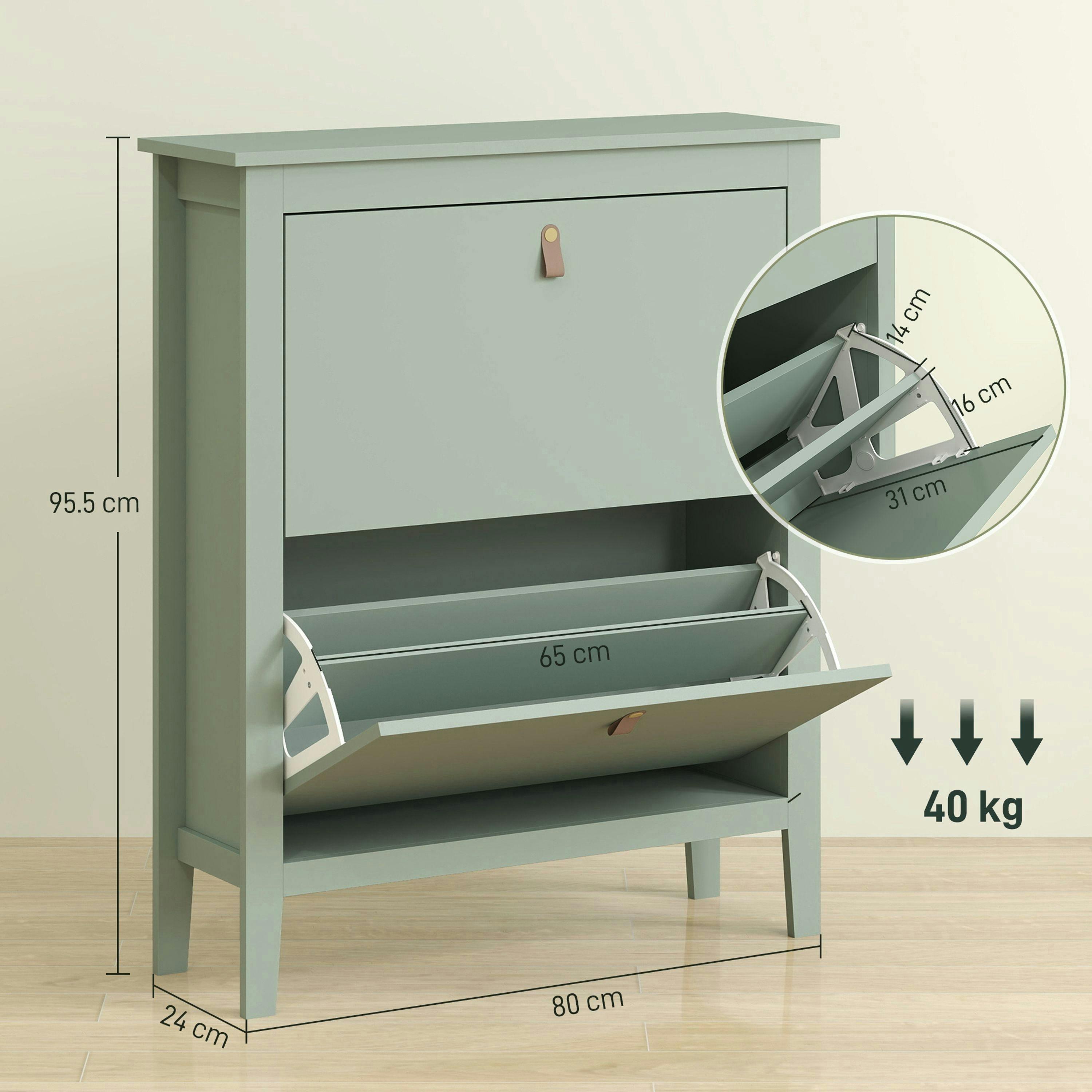 HOMCOM 2 Drawer Shoe Cabinet with Flip Doors for Hallway, Entryway, Green , view 3 of 5