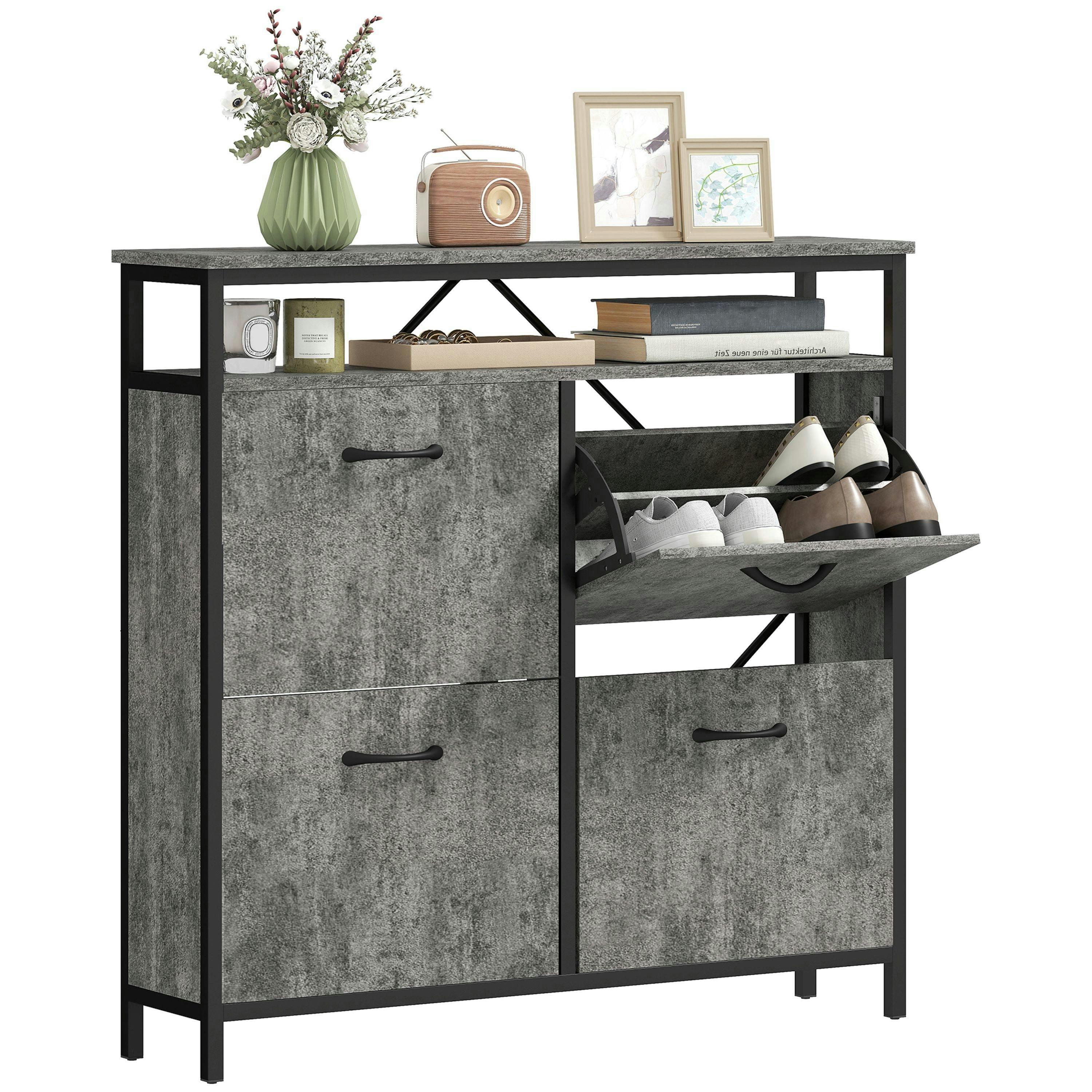 HOMCOM Shoe Cabinet with 4 Flip Drawers, Holds 12-20 Pairs, Cement Grey , view 2 of 5