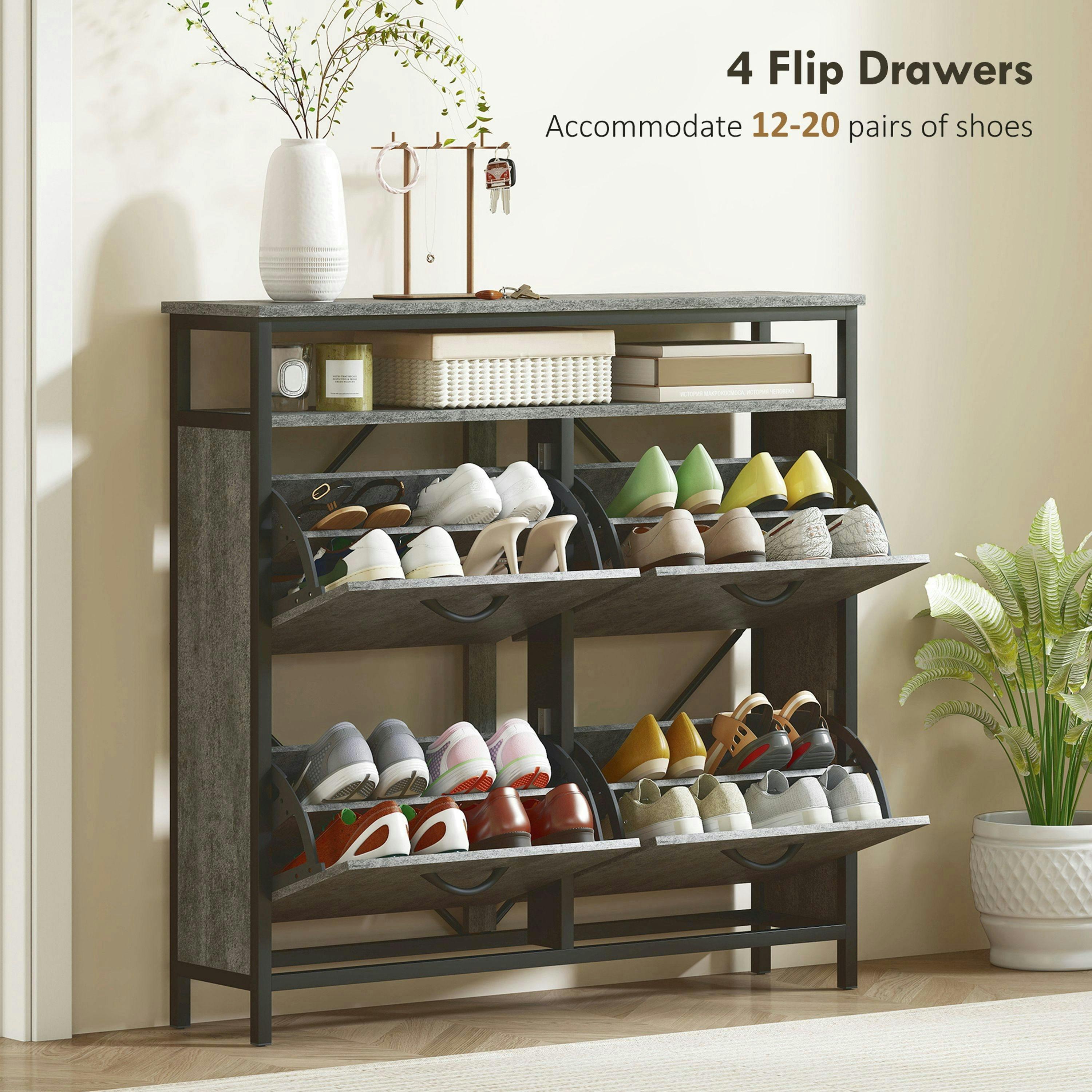 HOMCOM Shoe Cabinet with 4 Flip Drawers, Holds 12-20 Pairs, Cement Grey , view 4 of 5