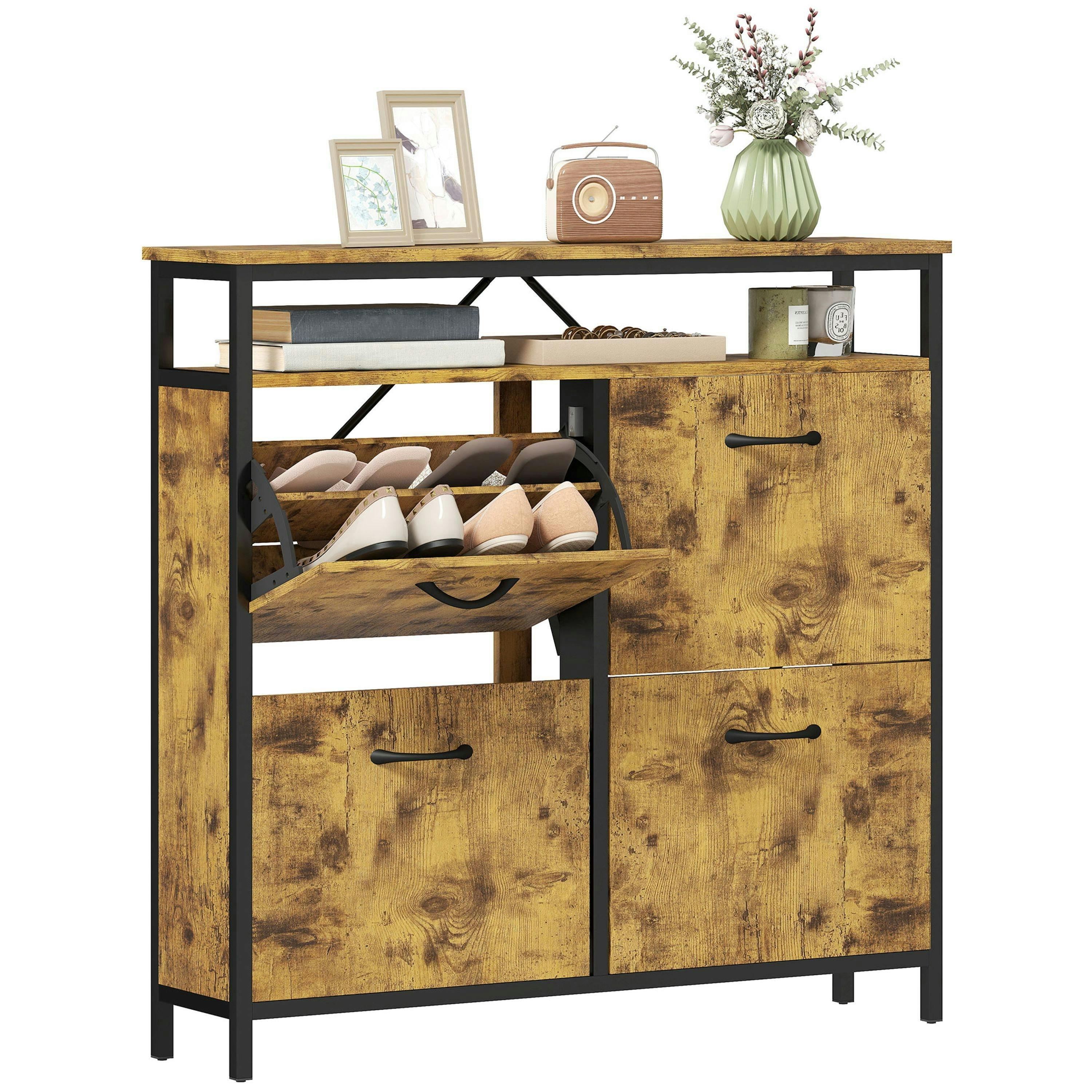 HOMCOM Shoe Cabinet with 4 Flip Drawers, Holds 12-20 Pairs, Rustic Brown , view 2 of 5