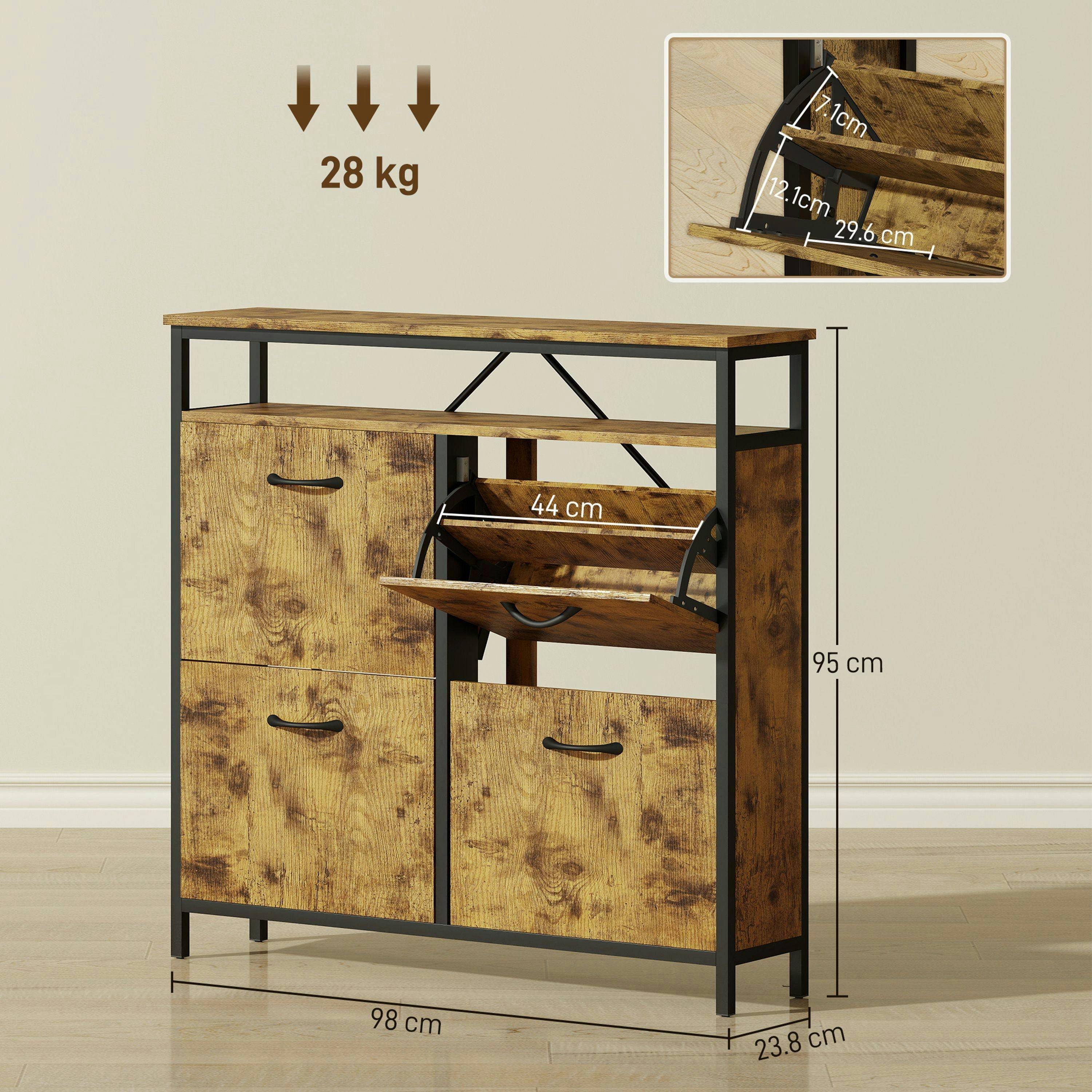 HOMCOM Shoe Cabinet with 4 Flip Drawers, Holds 12-20 Pairs, Rustic Brown , view 3 of 5