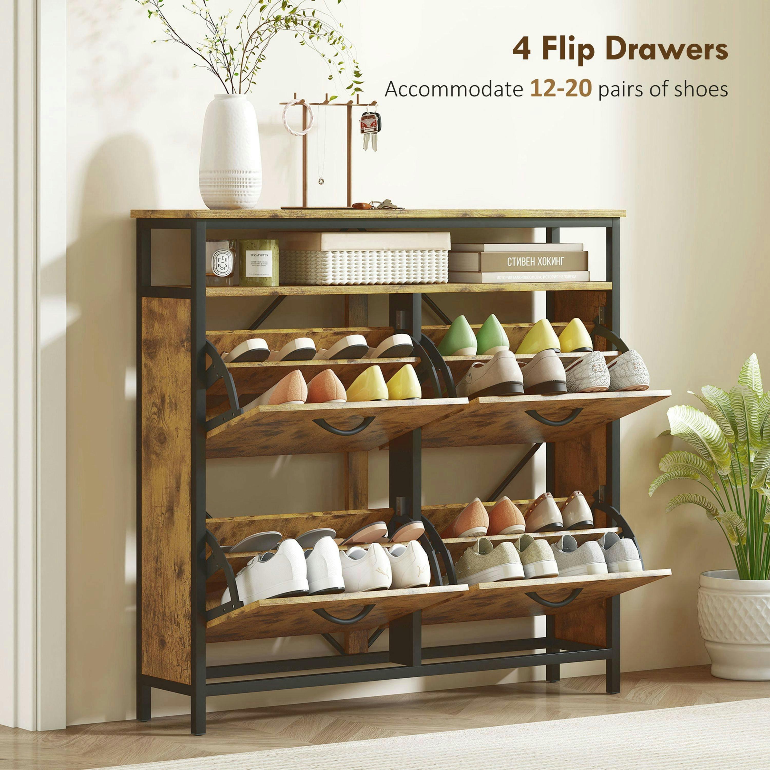 HOMCOM Shoe Cabinet with 4 Flip Drawers, Holds 12-20 Pairs, Rustic Brown , view 4 of 5
