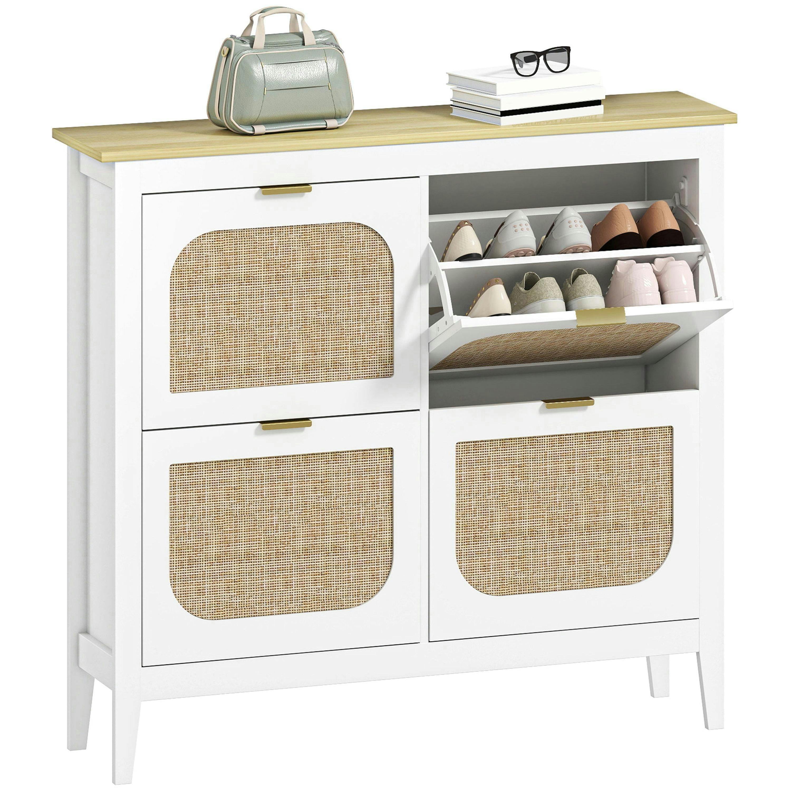 HOMCOM Boho Slim Shoe Cabinet with Rattan Doors, Holds 20 Pairs, White , view 2 of 5