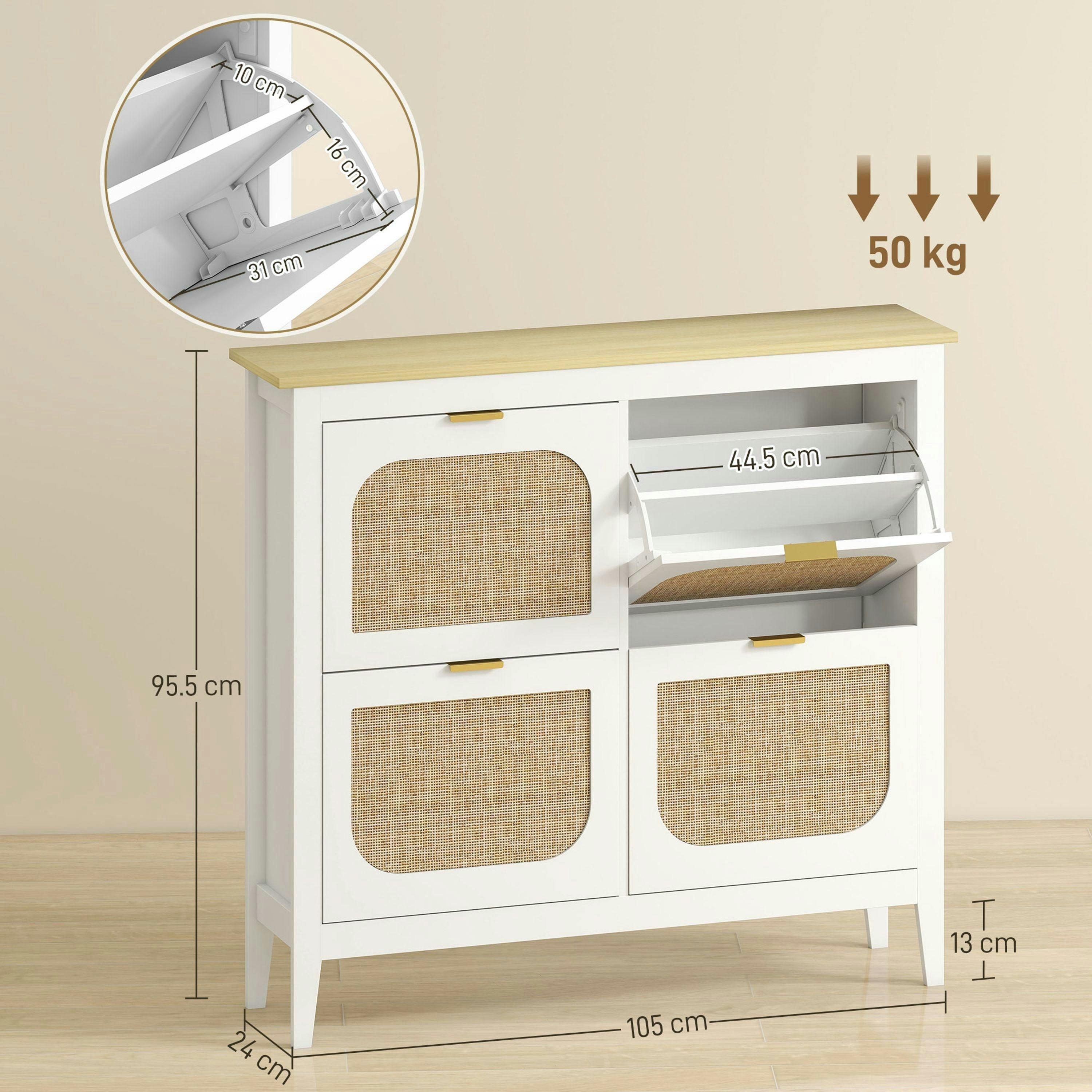 HOMCOM Boho Slim Shoe Cabinet with Rattan Doors, Holds 20 Pairs, White , view 3 of 5