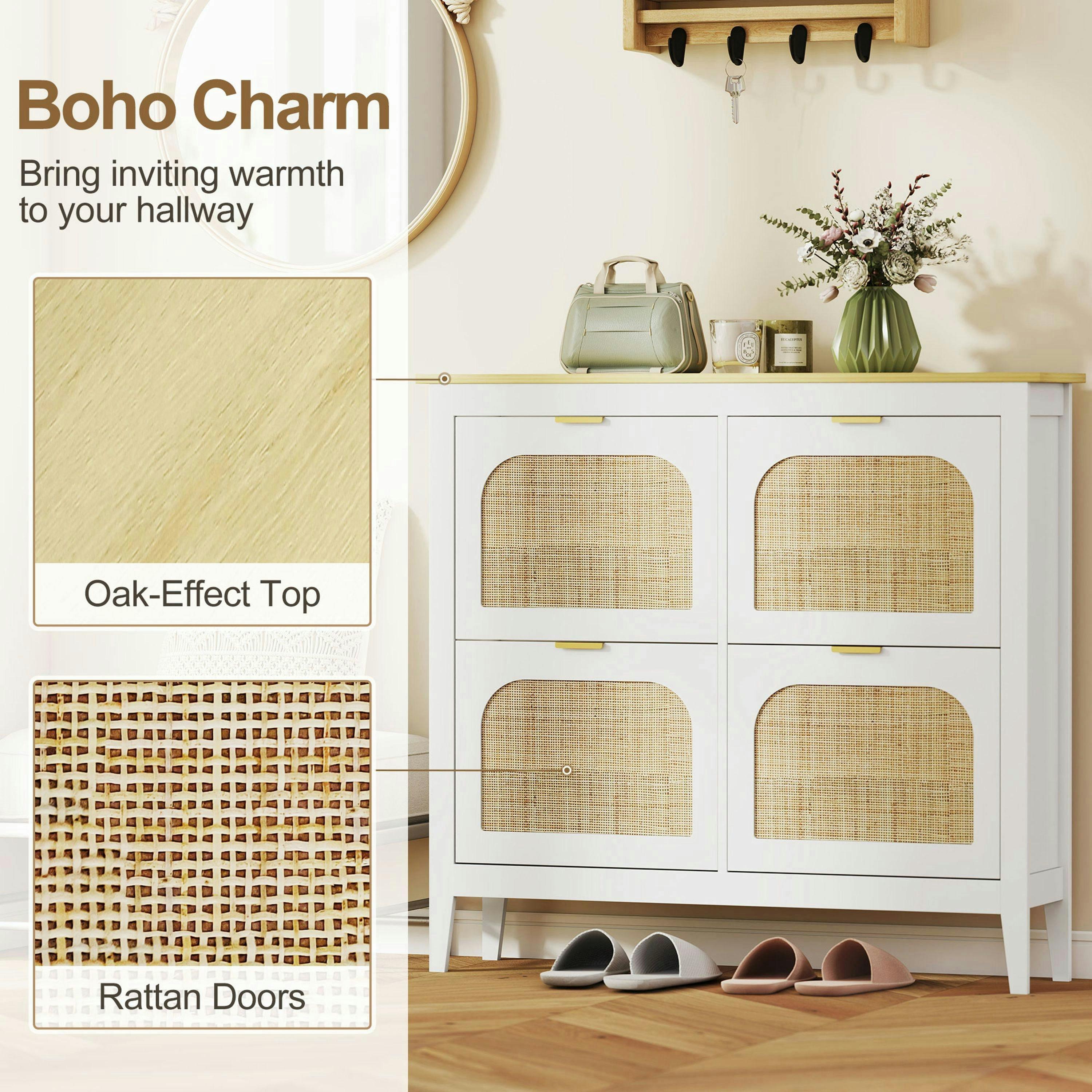 HOMCOM Boho Slim Shoe Cabinet with Rattan Doors, Holds 20 Pairs, White , view 4 of 5