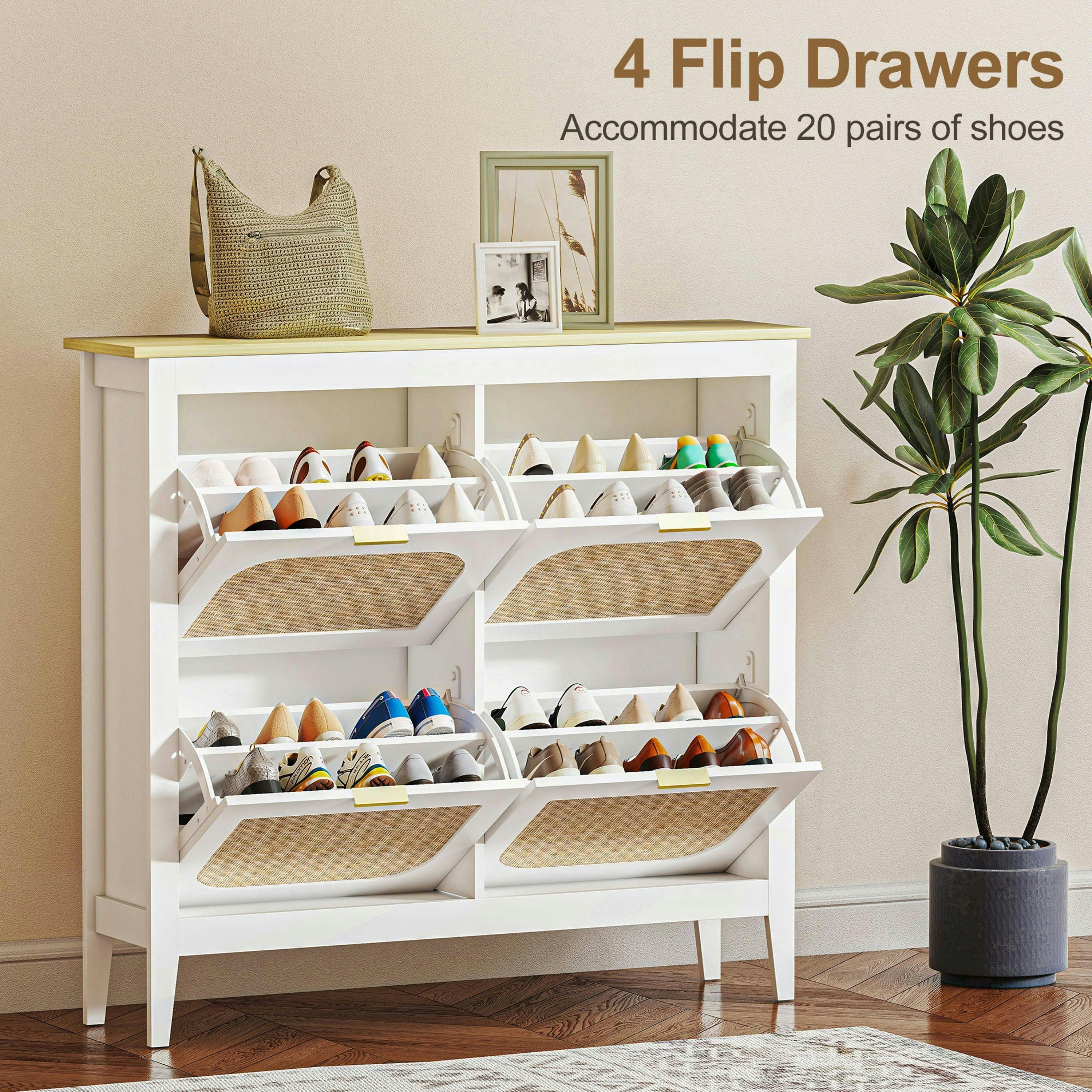 HOMCOM Boho Slim Shoe Cabinet with Rattan Doors, Holds 20 Pairs, White , view 5 of 5