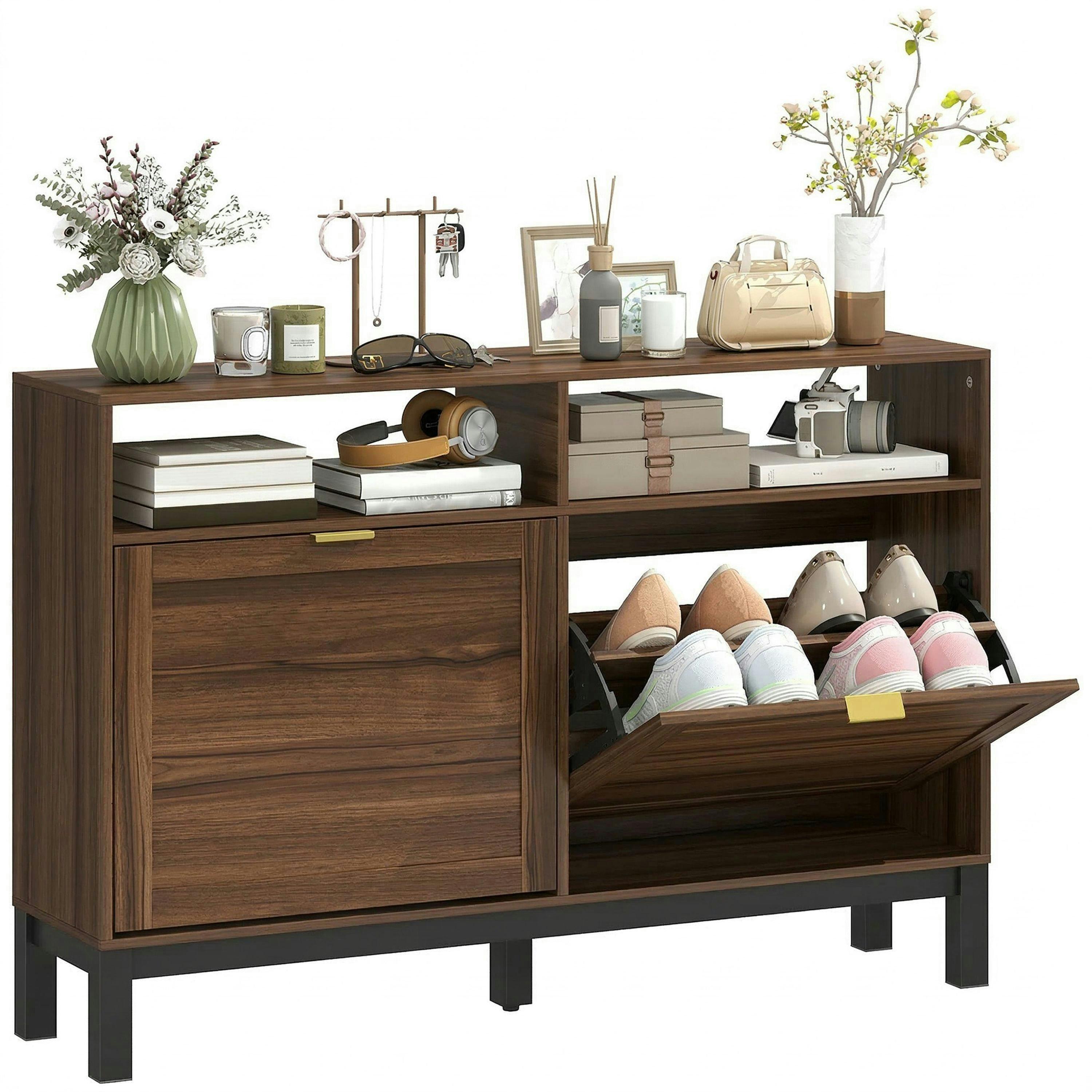 HOMCOM Narrow Shoe Cabinet with 2 Flip Drawers, Modern Shoe Storage Cabinet , view 2 of 5