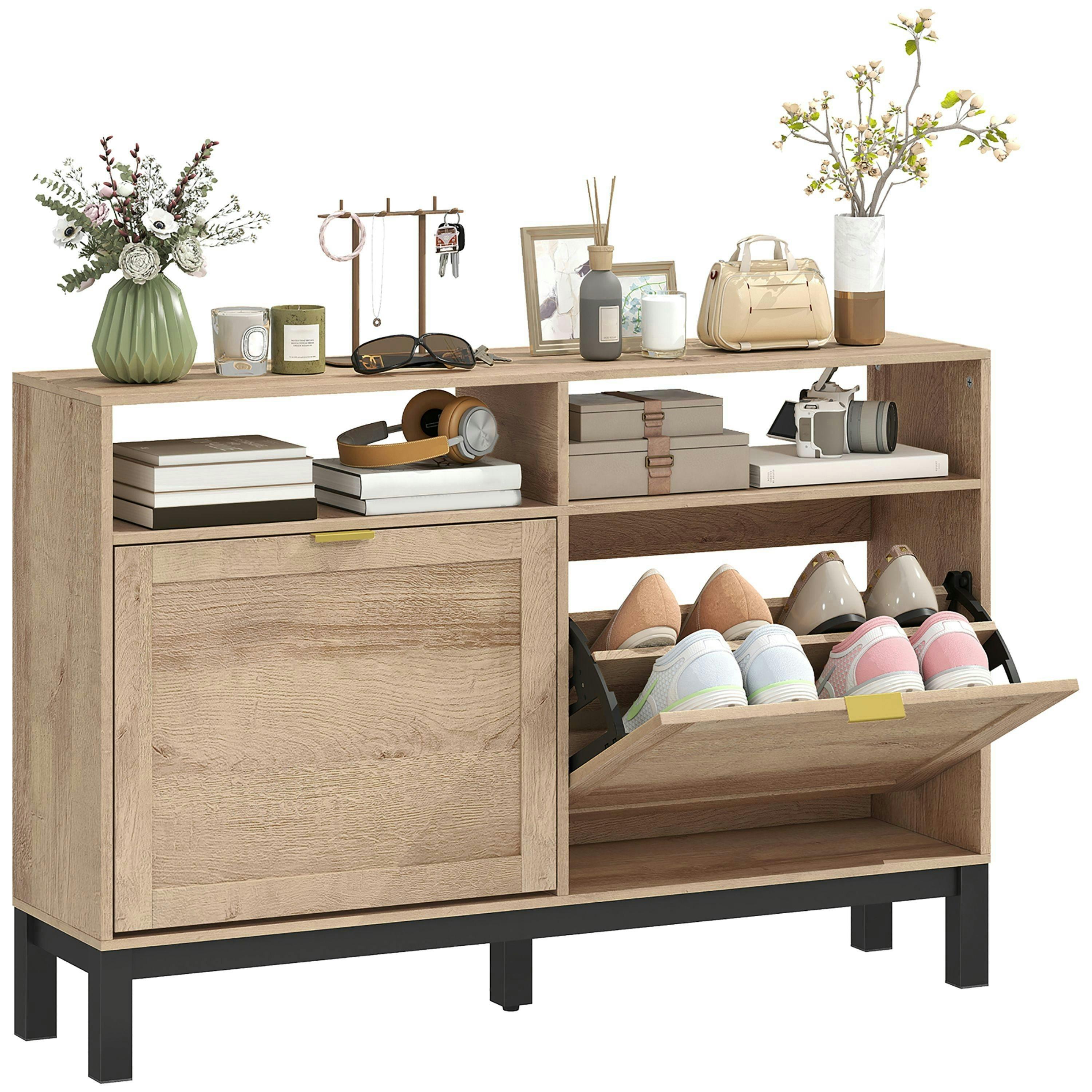 HOMCOM Narrow Shoe Cabinet with 2 Flip Drawers, Modern Shoe Storage Cabinet , view 2 of 5