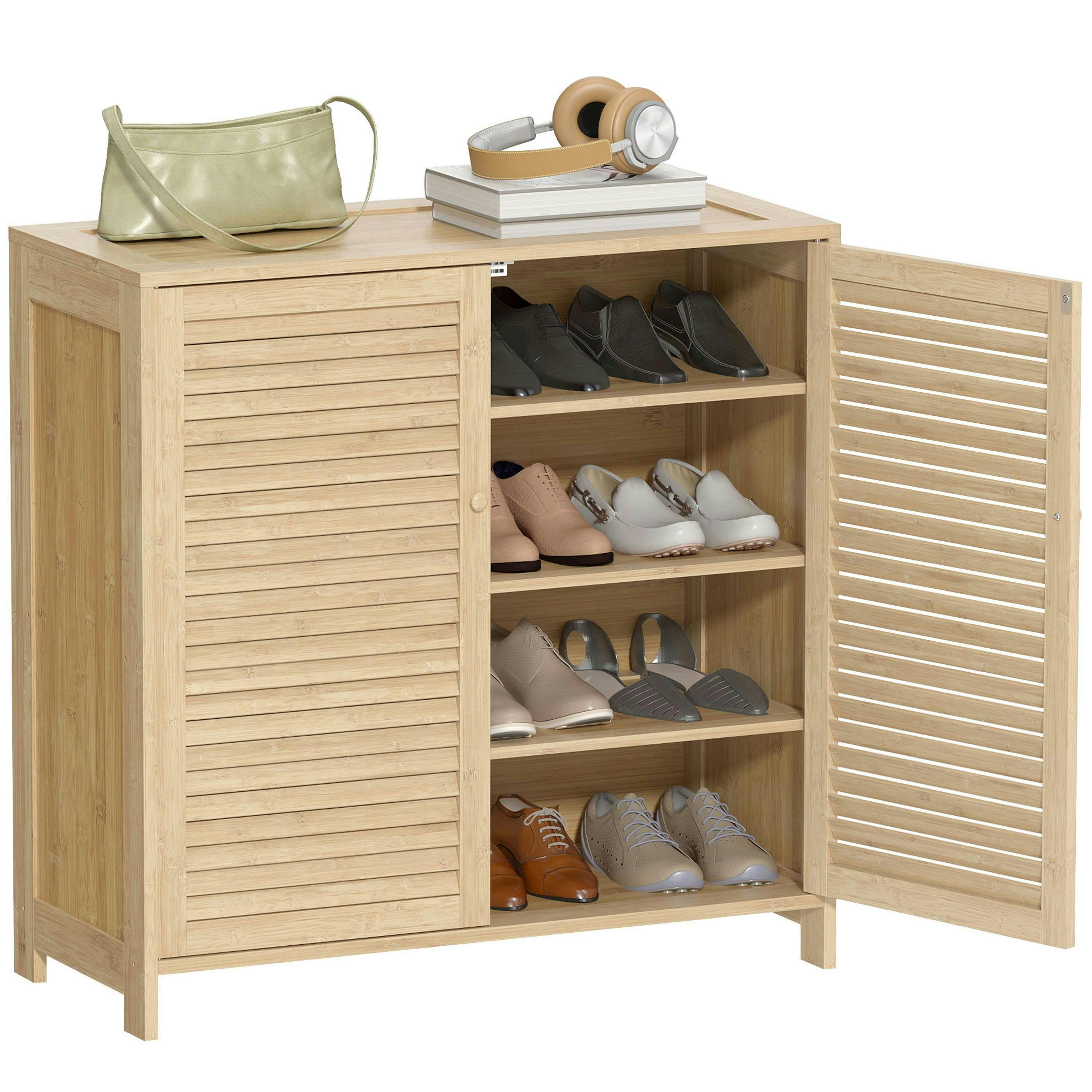 HOMCOM Bamboo Shoe Cabinet with Louvered Doors 14 Pairs Shoe Storage Cabinet , view 2 of 5
