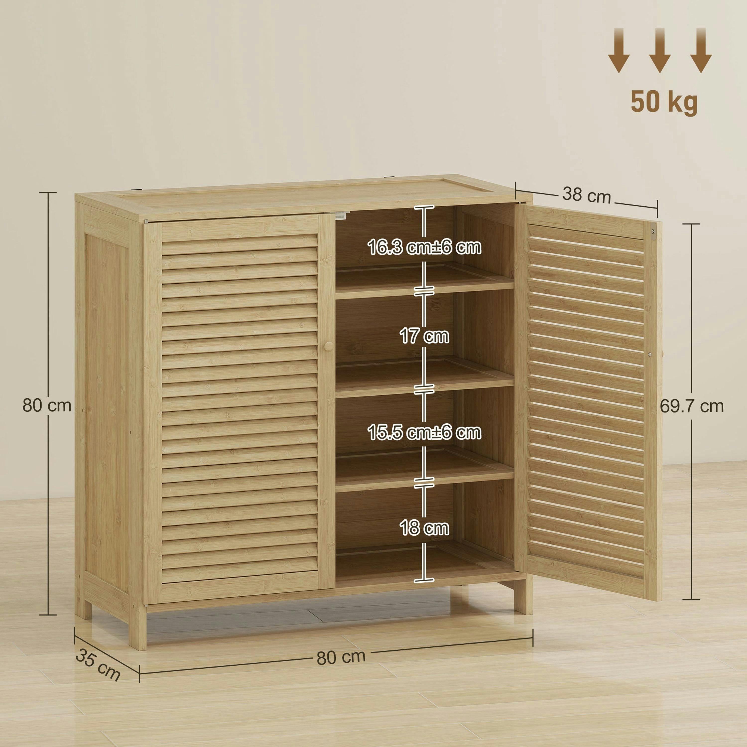 HOMCOM Bamboo Shoe Cabinet with Louvered Doors 14 Pairs Shoe Storage Cabinet , view 3 of 5