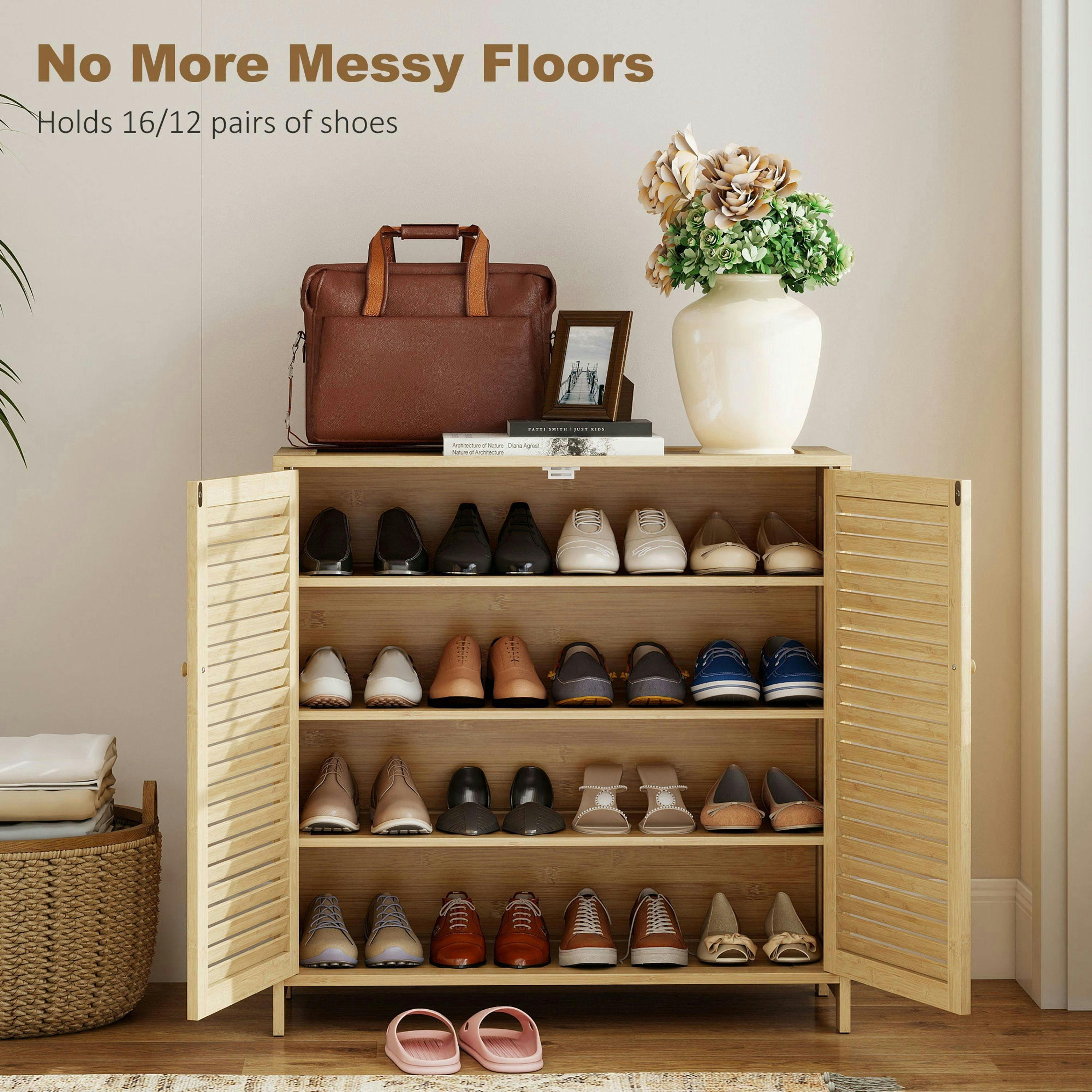 HOMCOM Bamboo Shoe Cabinet with Louvered Doors 14 Pairs Shoe Storage Cabinet , view 4 of 5