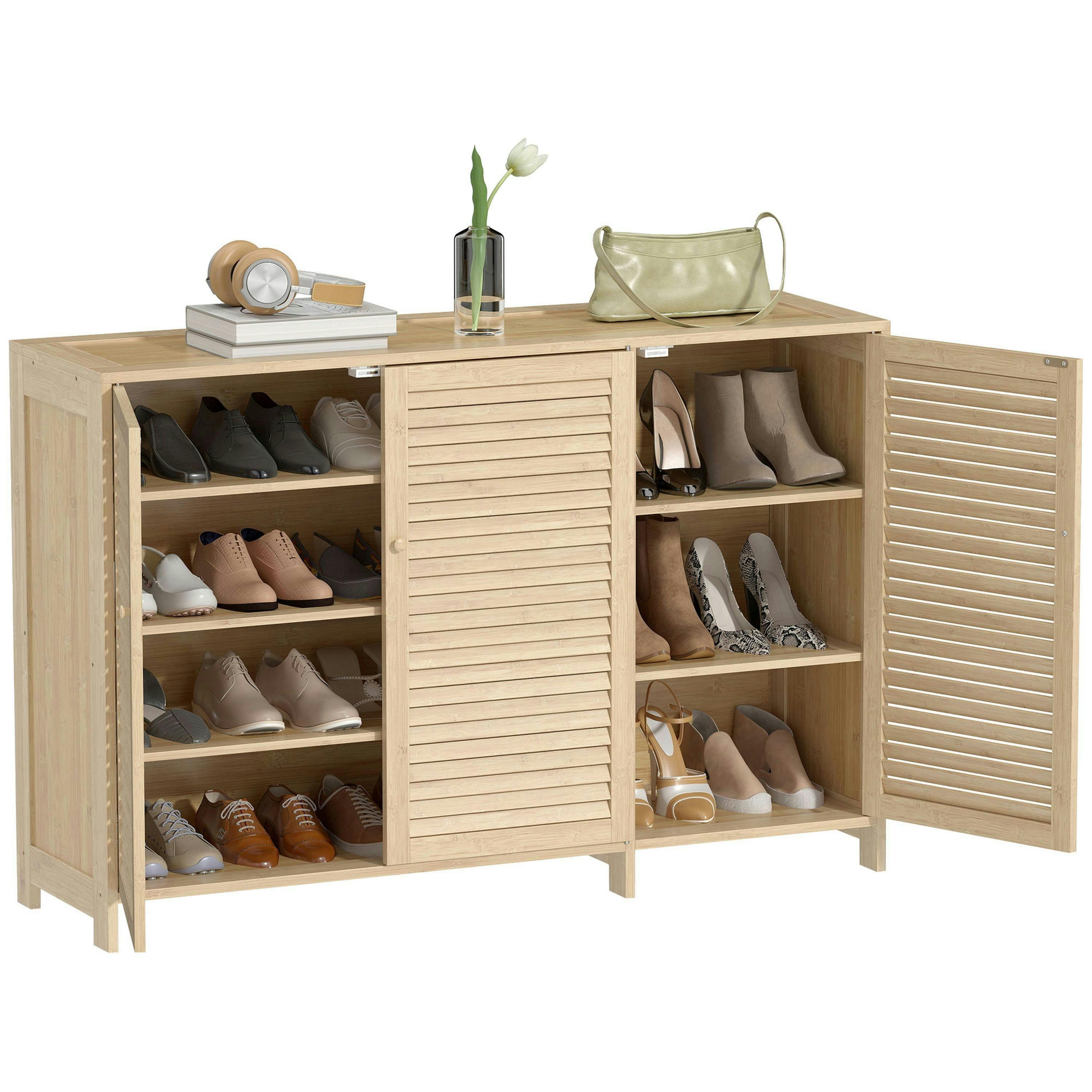 HOMCOM Bamboo Shoe Cabinet with Louvered Doors 18 Pairs Shoe Storage Cabinet , view 2 of 5