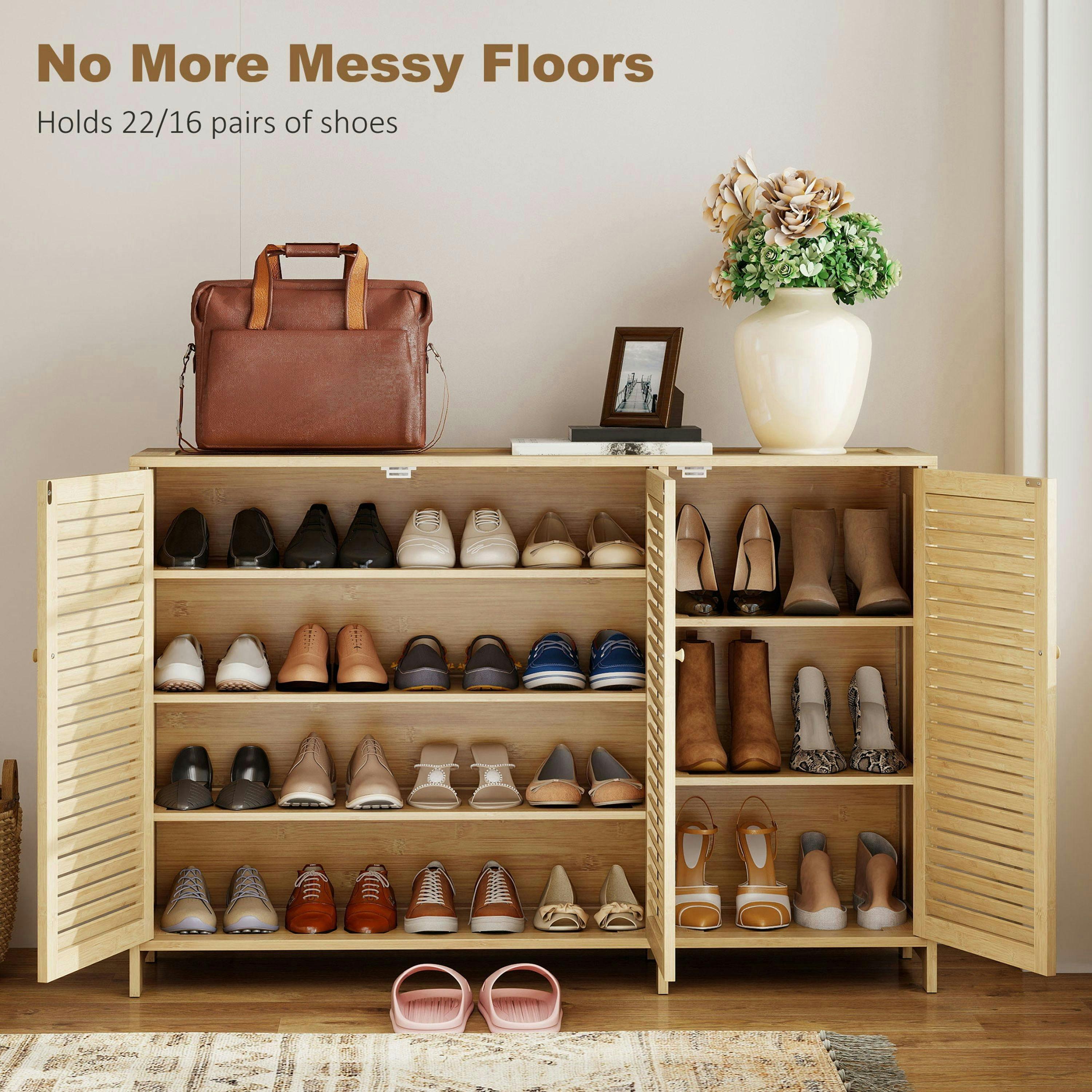 HOMCOM Bamboo Shoe Cabinet with Louvered Doors 18 Pairs Shoe Storage Cabinet , view 4 of 5