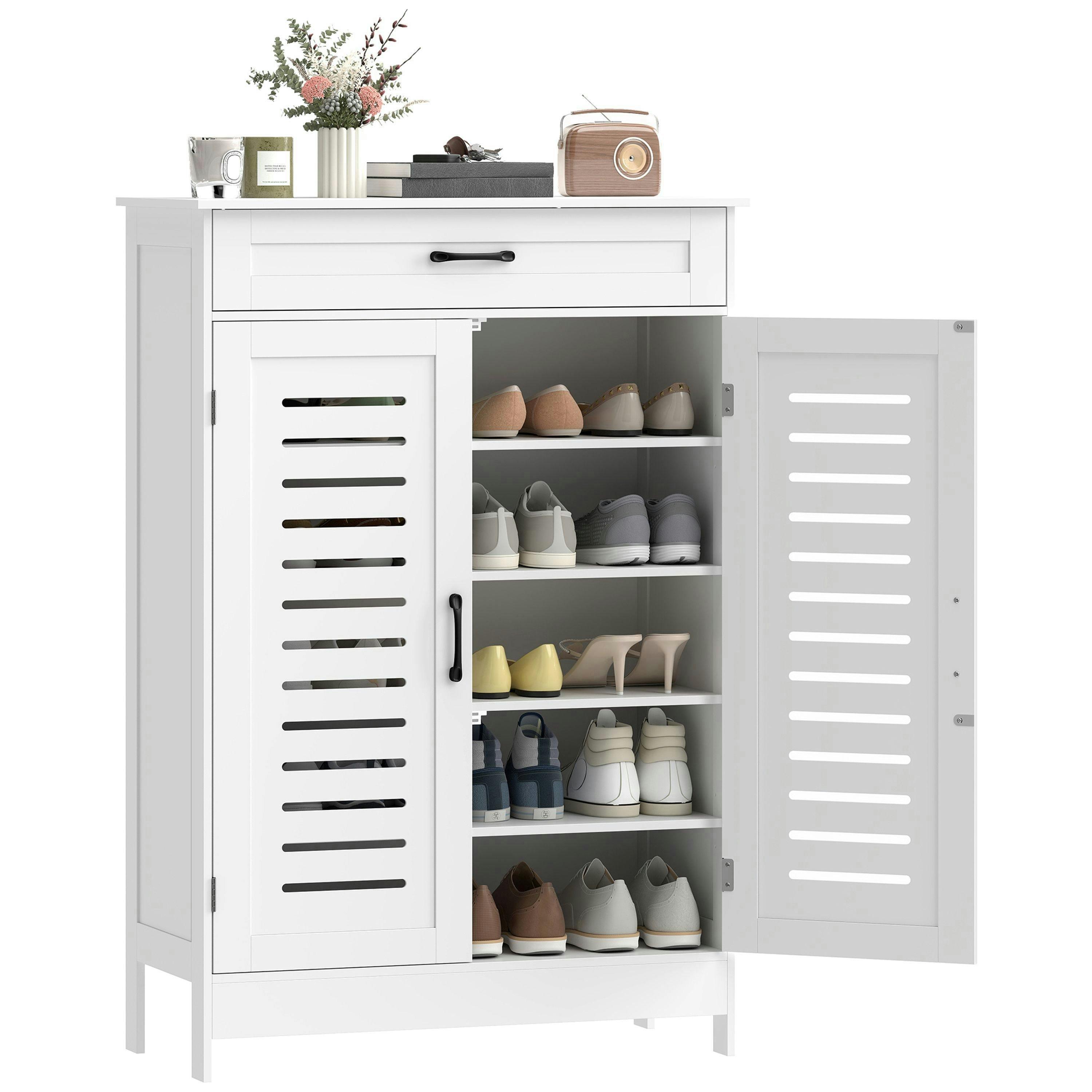 HOMCOM Modern Shoe Storage Cabinet with Louvered Doors and Drawer , view 2 of 5