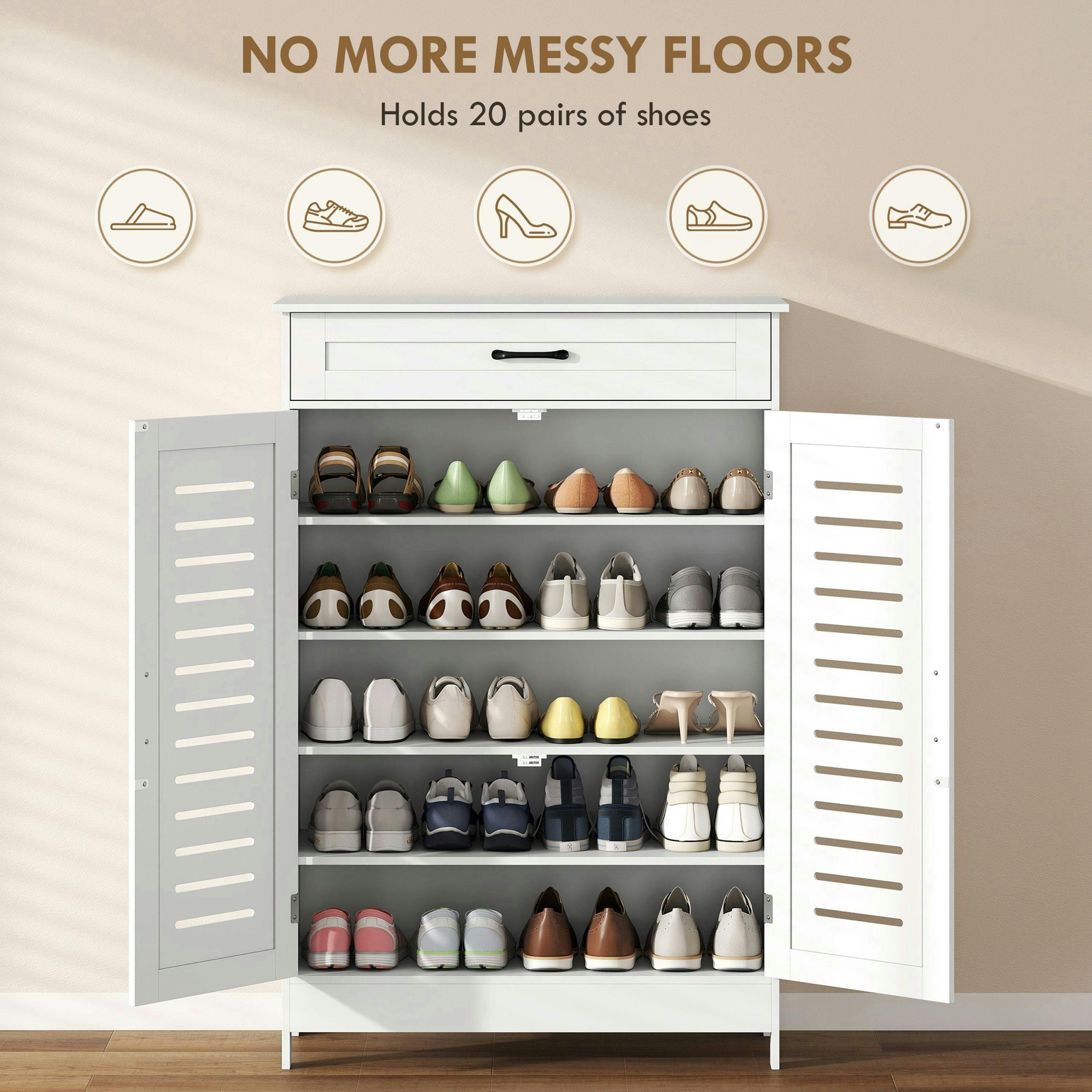 HOMCOM Modern Shoe Storage Cabinet with Louvered Doors and Drawer , view 4 of 5