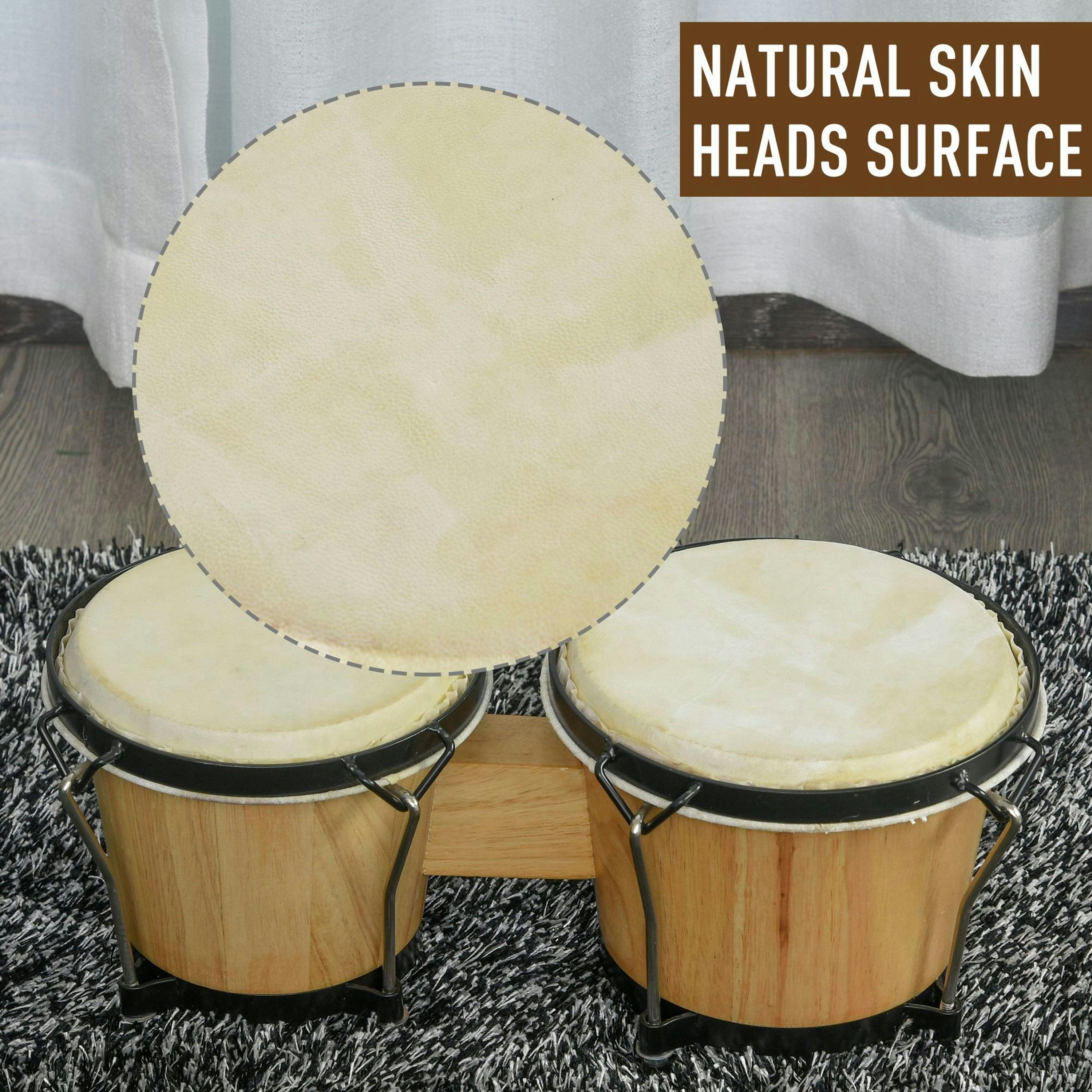 HOMCOM Wooden Bongo Drum Set w/ Sheepskin Drum Head Φ7.75" & Φ7" Tuning Wrench , view 4 of 5