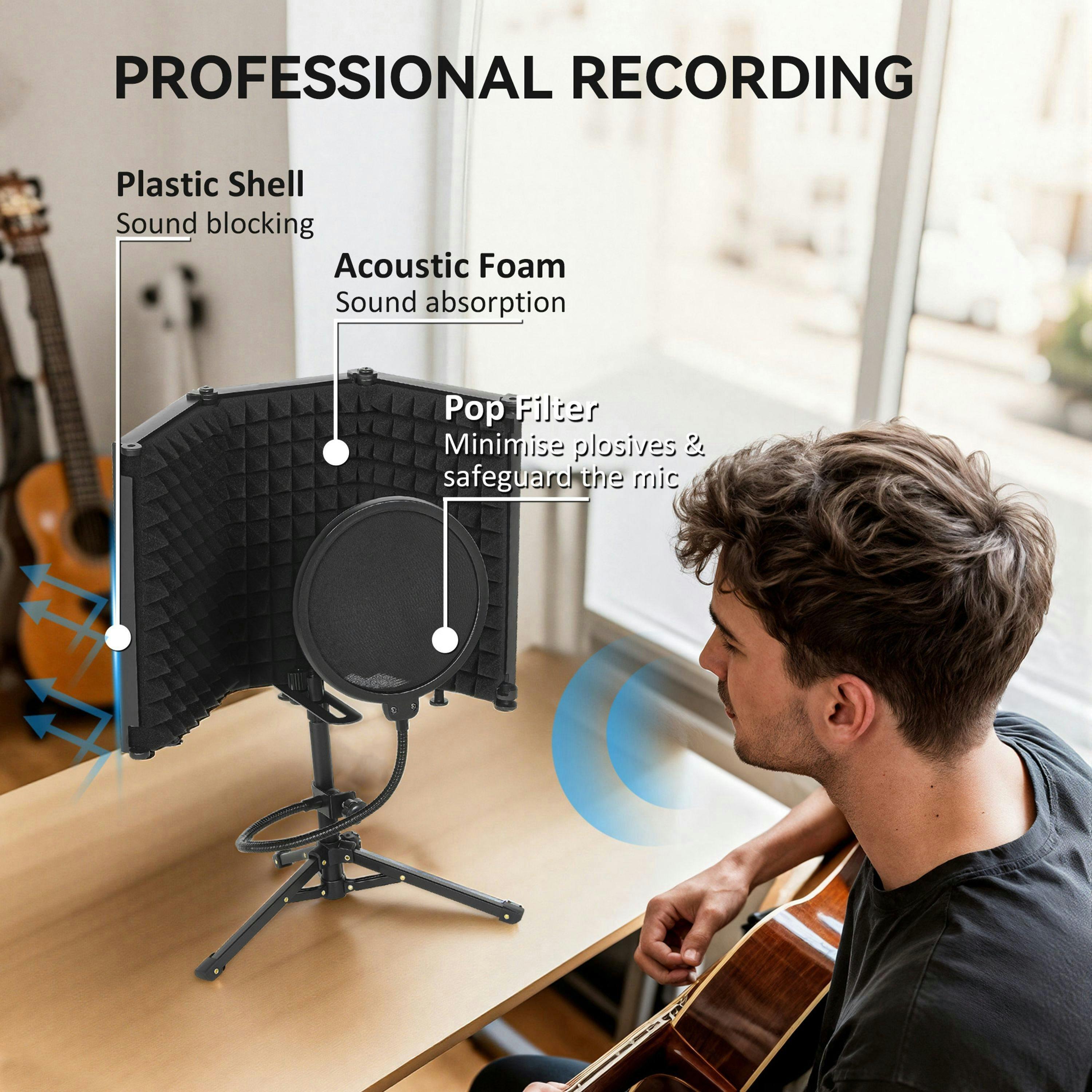 HOMCOM Studio Microphone Isolation Shield with Pop Filter & Stand, Black , view 4 of 5