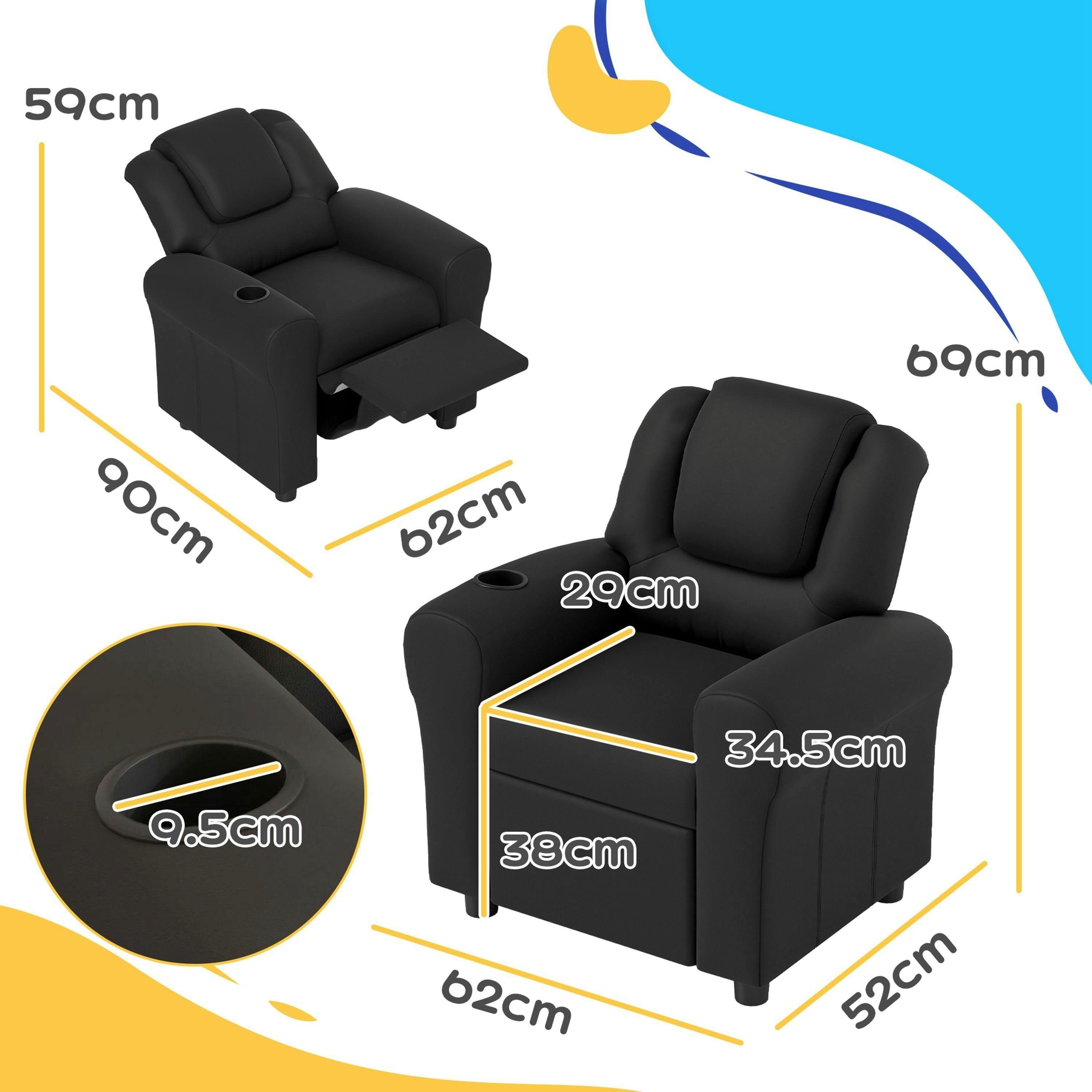 HOMCOM Kids Recliner, PU Leather Kids Armchair, Child Chair, Toddler Armchair with Adjustable Backrest, Footrest, Padded Headrest, Cup Holder , view 3 of 6