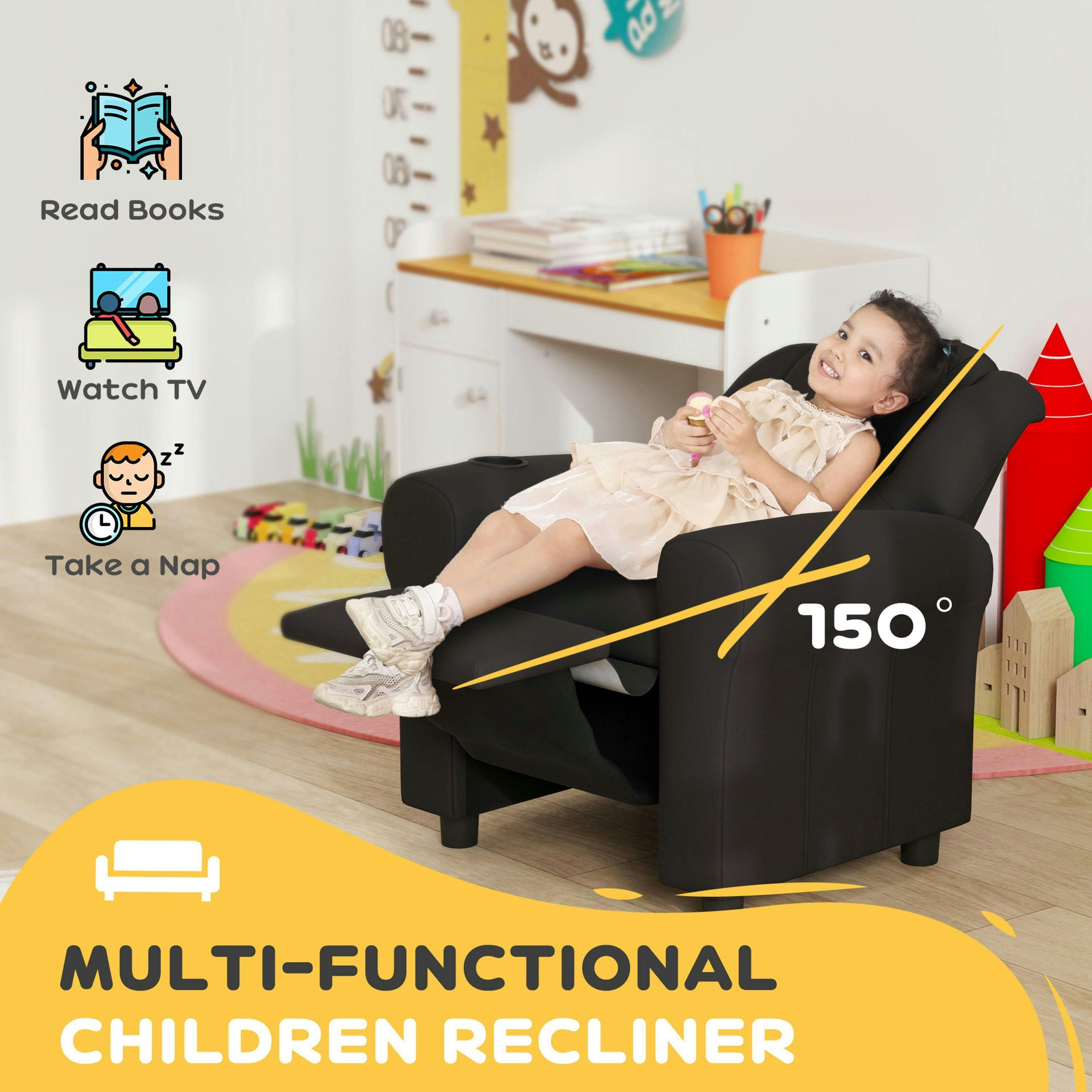 HOMCOM Kids Recliner, PU Leather Kids Armchair, Child Chair, Toddler Armchair with Adjustable Backrest, Footrest, Padded Headrest, Cup Holder , view 4 of 6