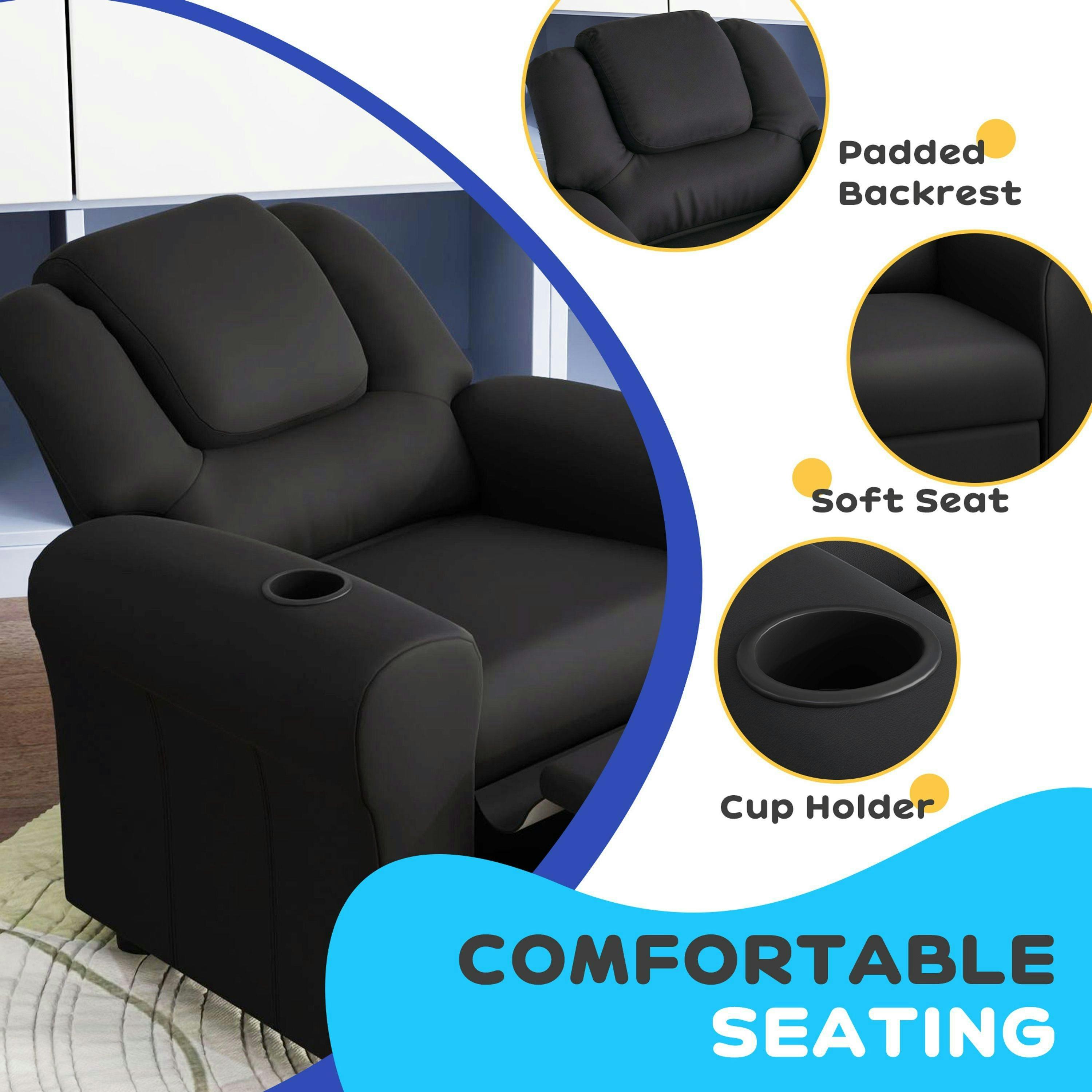 HOMCOM Kids Recliner, PU Leather Kids Armchair, Child Chair, Toddler Armchair with Adjustable Backrest, Footrest, Padded Headrest, Cup Holder , view 5 of 6