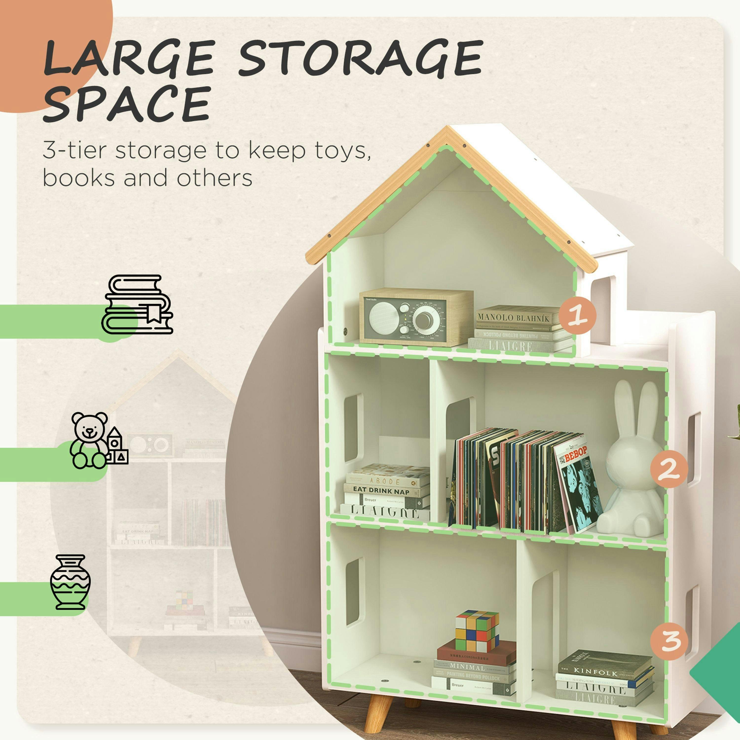 ZONEKIZ Toy Storage Shelf, 3 Tier Children Bookcase, Kids Bookshelf with Six Cubes, for Playroom, Nursery, Bedroom, Kids Room - White , view 4 of 6