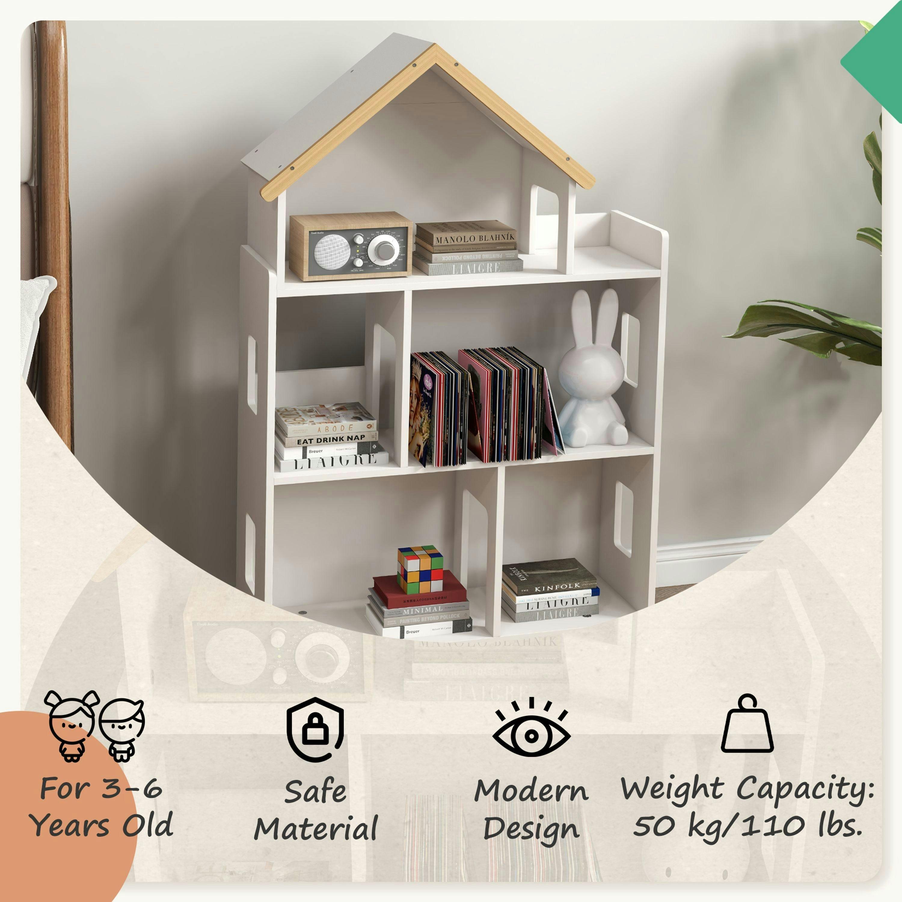 ZONEKIZ Toy Storage Shelf, 3 Tier Children Bookcase, Kids Bookshelf with Six Cubes, for Playroom, Nursery, Bedroom, Kids Room - White , view 5 of 6