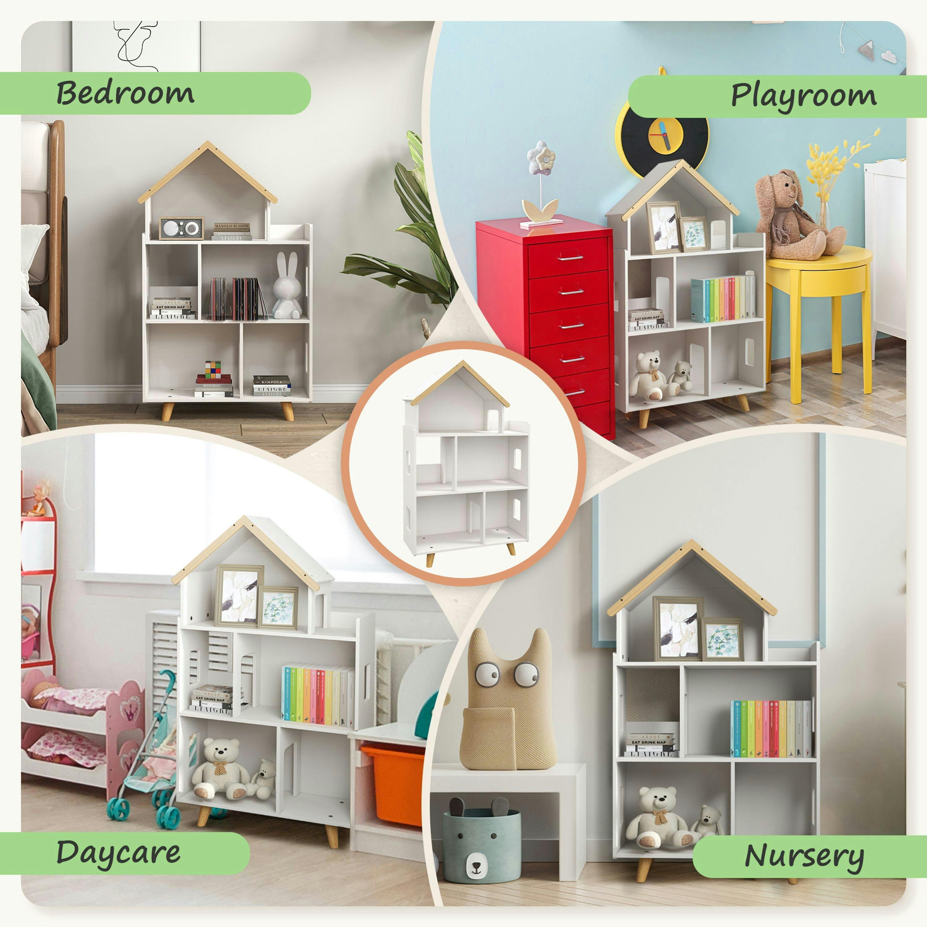 ZONEKIZ Toy Storage Shelf, 3 Tier Children Bookcase, Kids Bookshelf with Six Cubes, for Playroom, Nursery, Bedroom, Kids Room - White , view 6 of 6