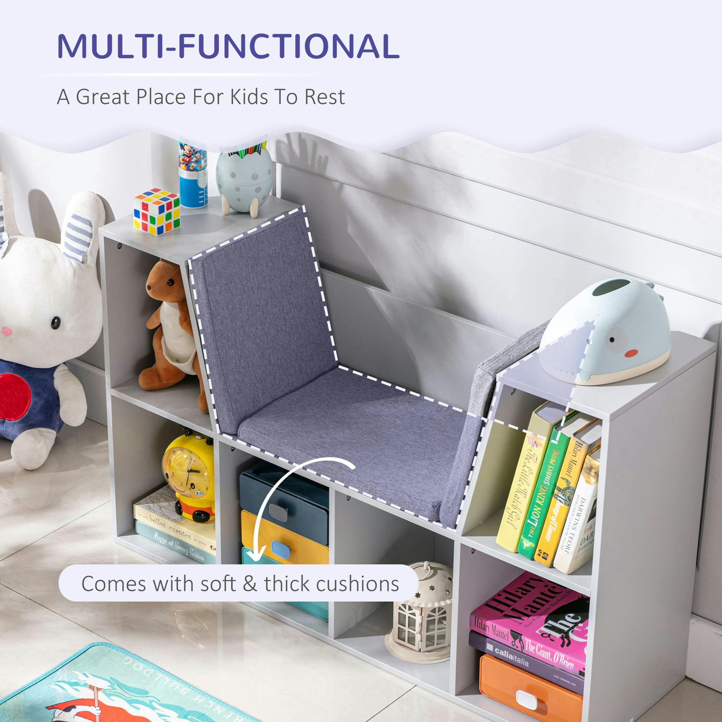 HOMCOM Kids Bookcase Shelf Storage Cabinet Unit, Living Room Sideboard w/ Six Compartments for Toys, Books - Grey , view 5 of 6