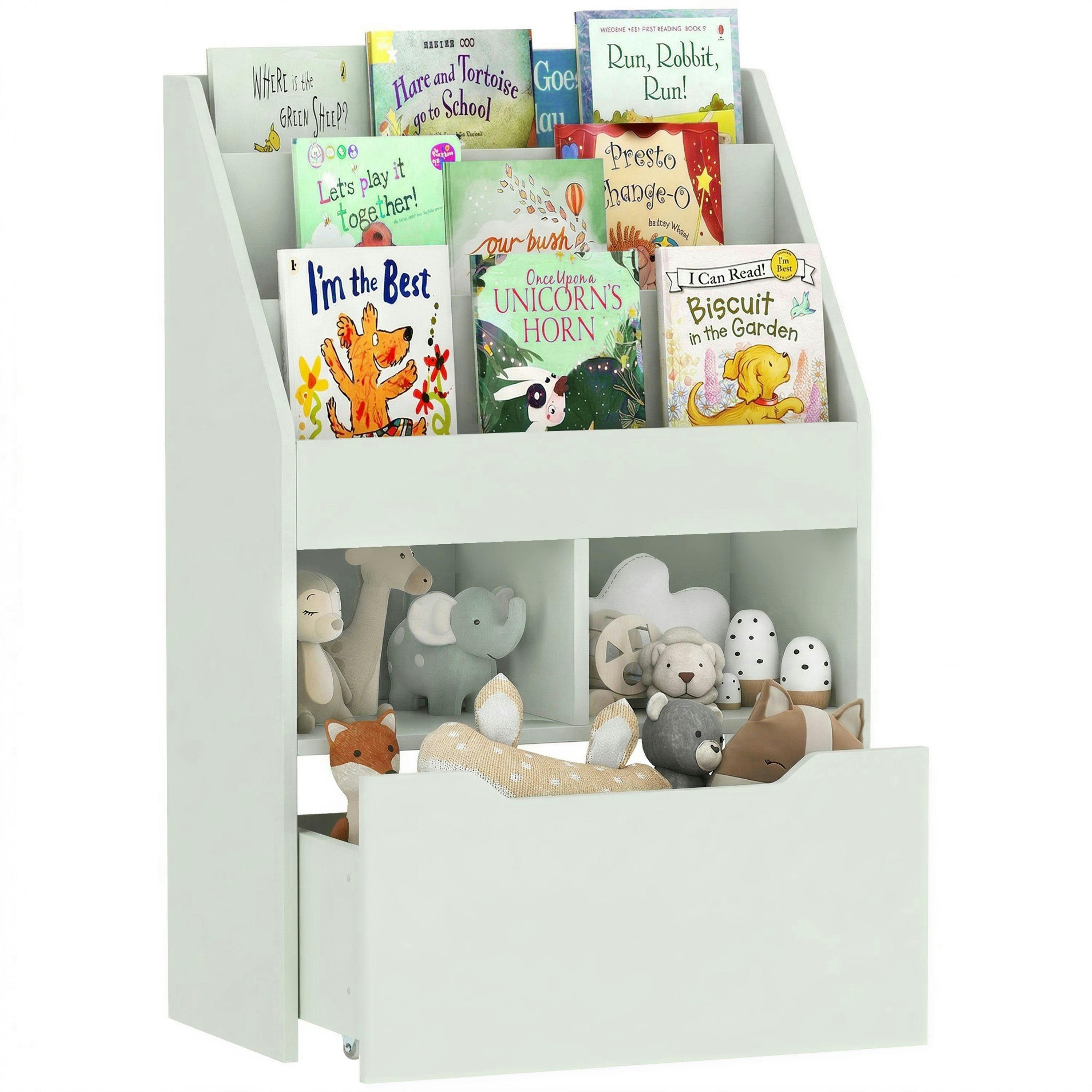 HOMCOM Kids Bookshelf with Moveable Drawer, Montessori-Inspired Children's Bookcase with Wheels, Toy Organiser for Bedroom, Playroom , view 2 of 6