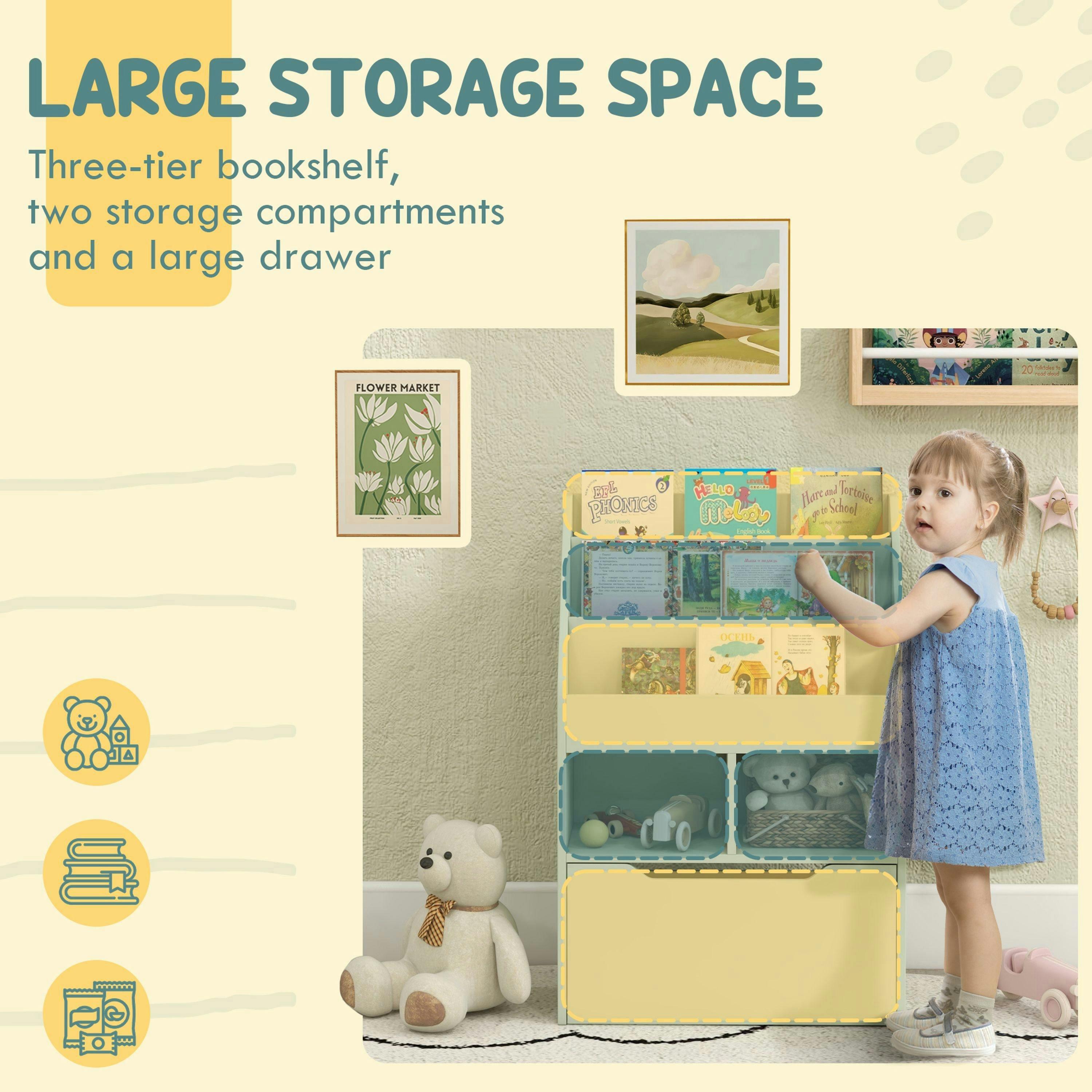 HOMCOM Kids Bookshelf with Moveable Drawer, Montessori-Inspired Children's Bookcase with Wheels, Toy Organiser for Bedroom, Playroom , view 4 of 6