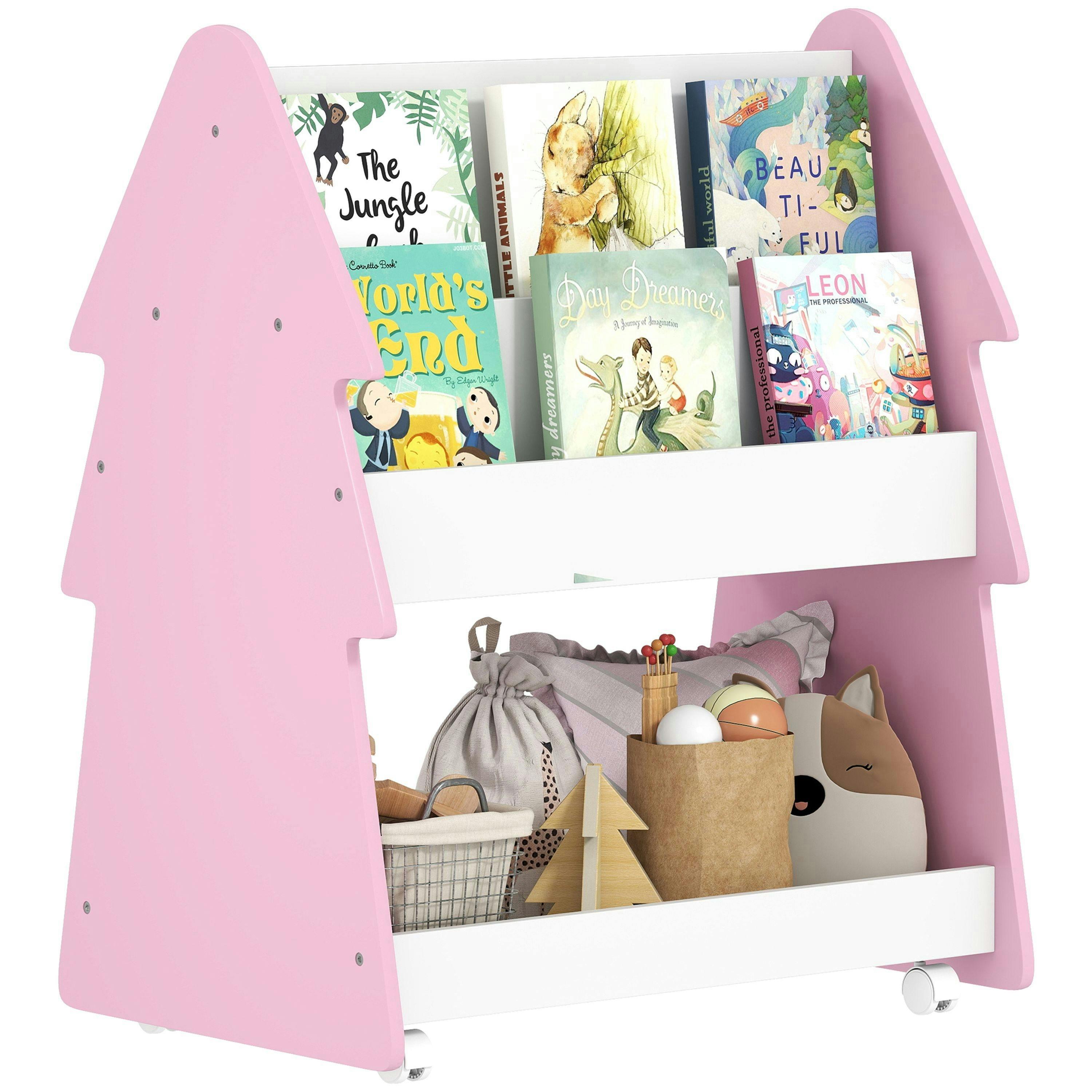 AIYAPLAY Kids Bookshelf, 3 Tier Childrens Bookcase with Wheels, Double-Sided Kids Book Rack with Toy Storage for Playroom, Bedroom, Nursery, Classroom, Pink , view 2 of 6