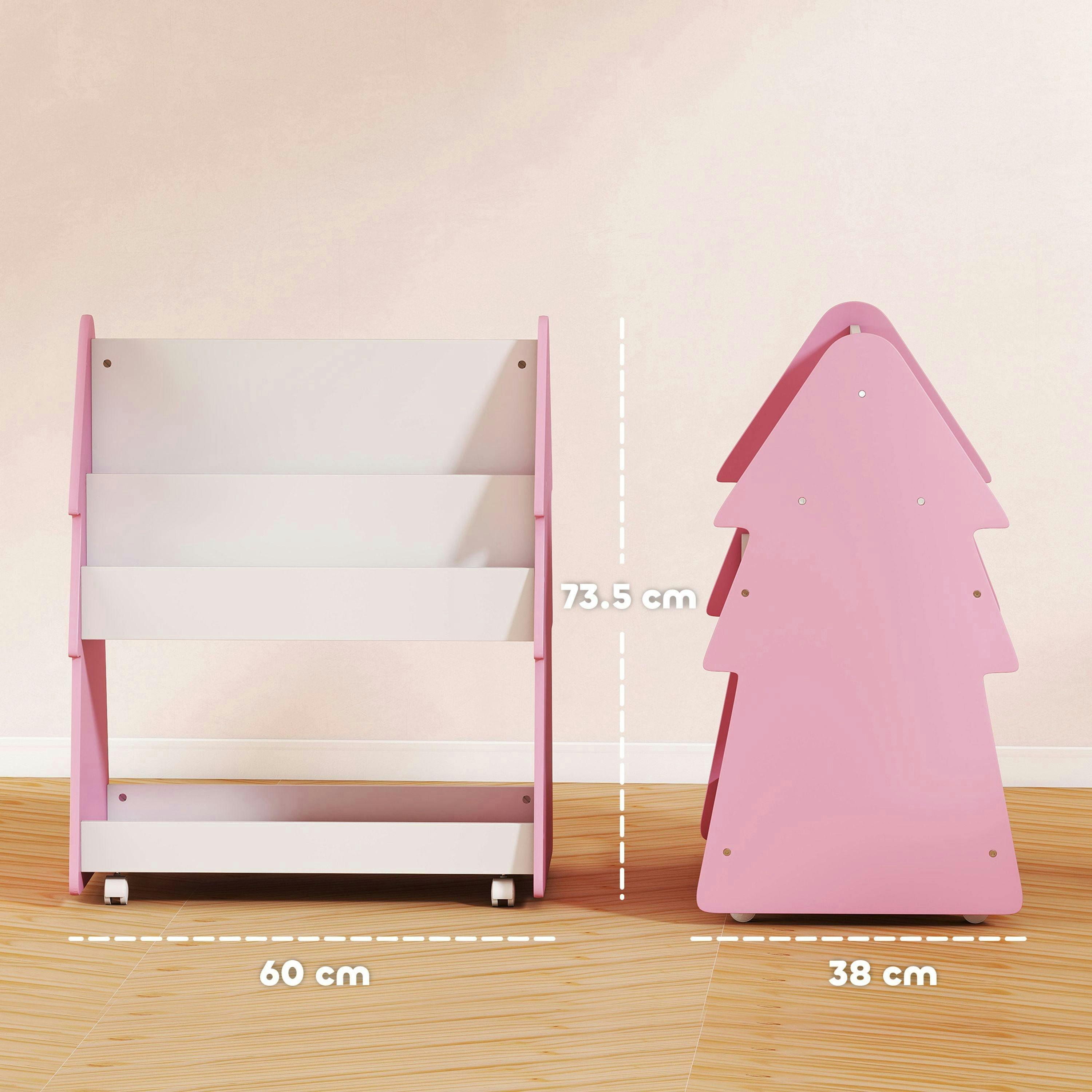 AIYAPLAY Kids Bookshelf, 3 Tier Childrens Bookcase with Wheels, Double-Sided Kids Book Rack with Toy Storage for Playroom, Bedroom, Nursery, Classroom, Pink , view 3 of 6