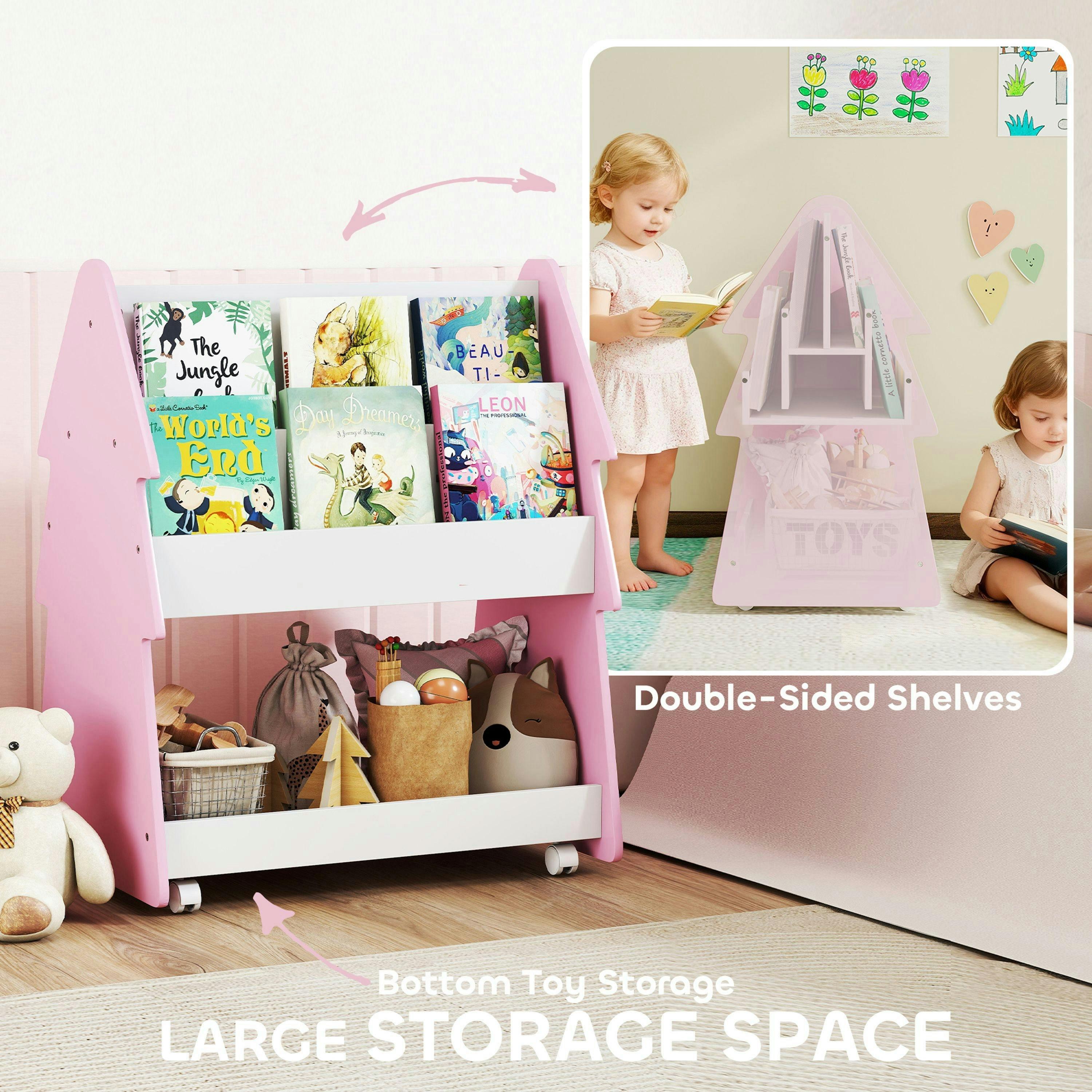 AIYAPLAY Kids Bookshelf, 3 Tier Childrens Bookcase with Wheels, Double-Sided Kids Book Rack with Toy Storage for Playroom, Bedroom, Nursery, Classroom, Pink , view 4 of 6