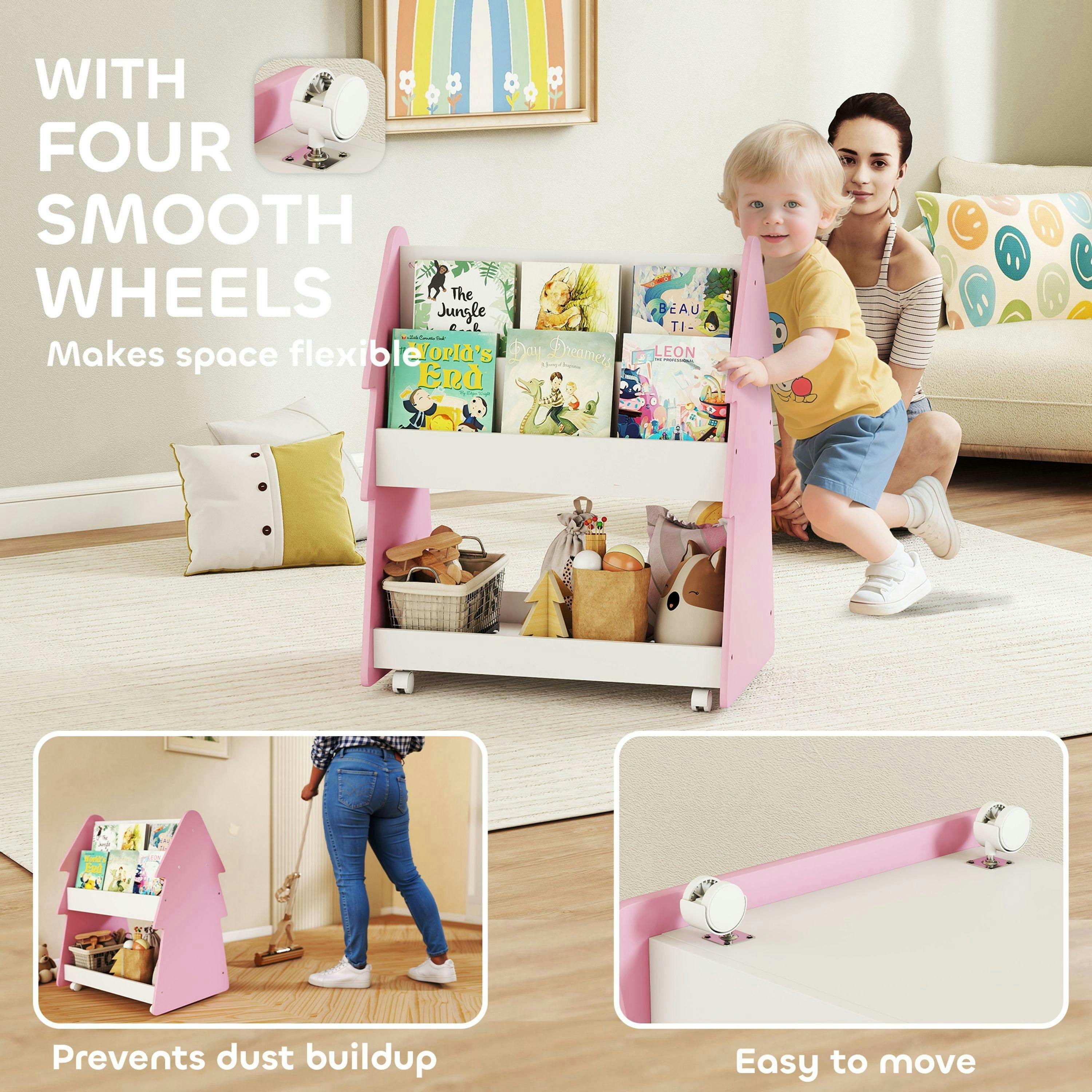 AIYAPLAY Kids Bookshelf, 3 Tier Childrens Bookcase with Wheels, Double-Sided Kids Book Rack with Toy Storage for Playroom, Bedroom, Nursery, Classroom, Pink , view 6 of 6