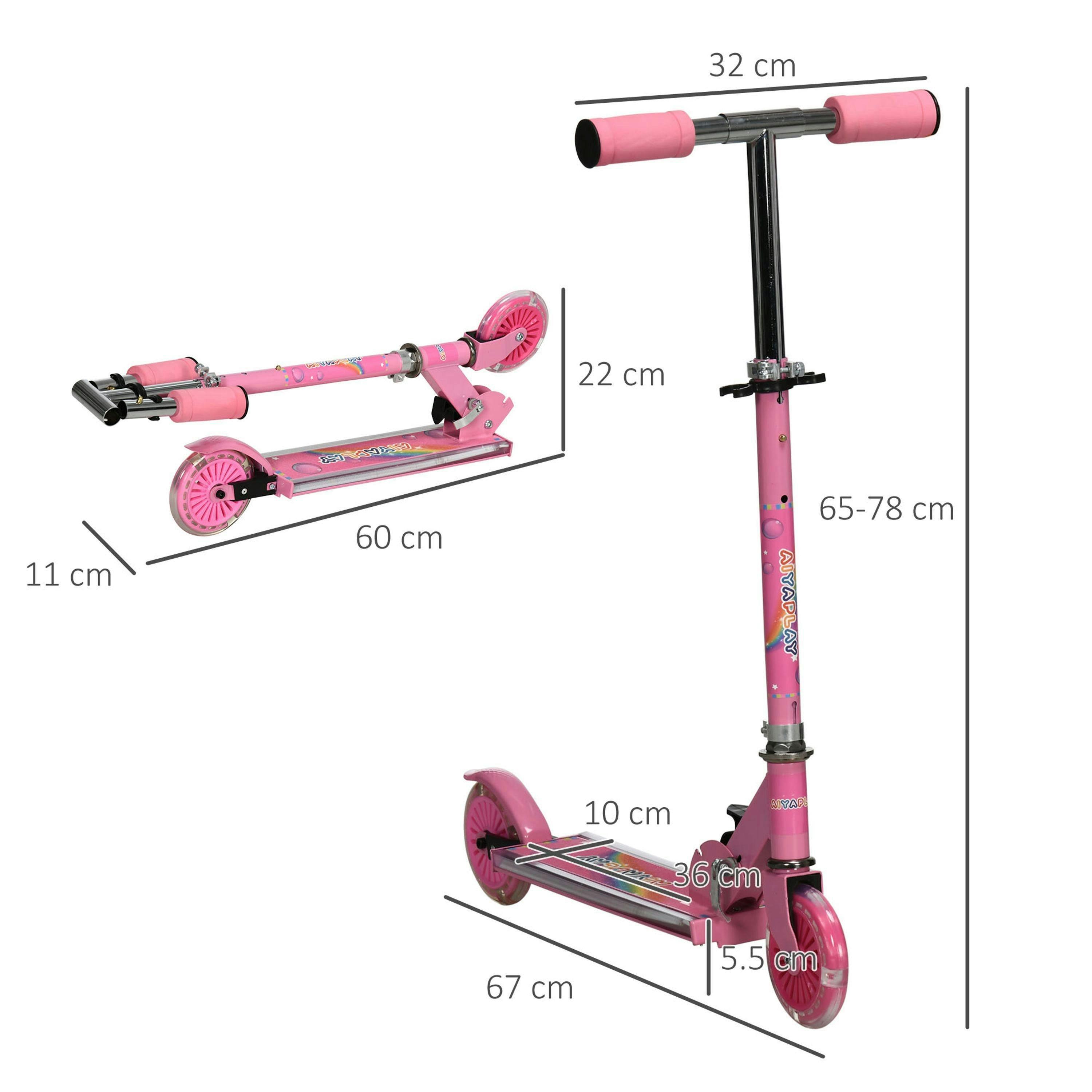 HOMCOM Kids Scooter with Lights, Music, Adjustable Height, Foldable Frame, LED Wheels, for Ages 3-7 Years - Pink , view 3 of 6