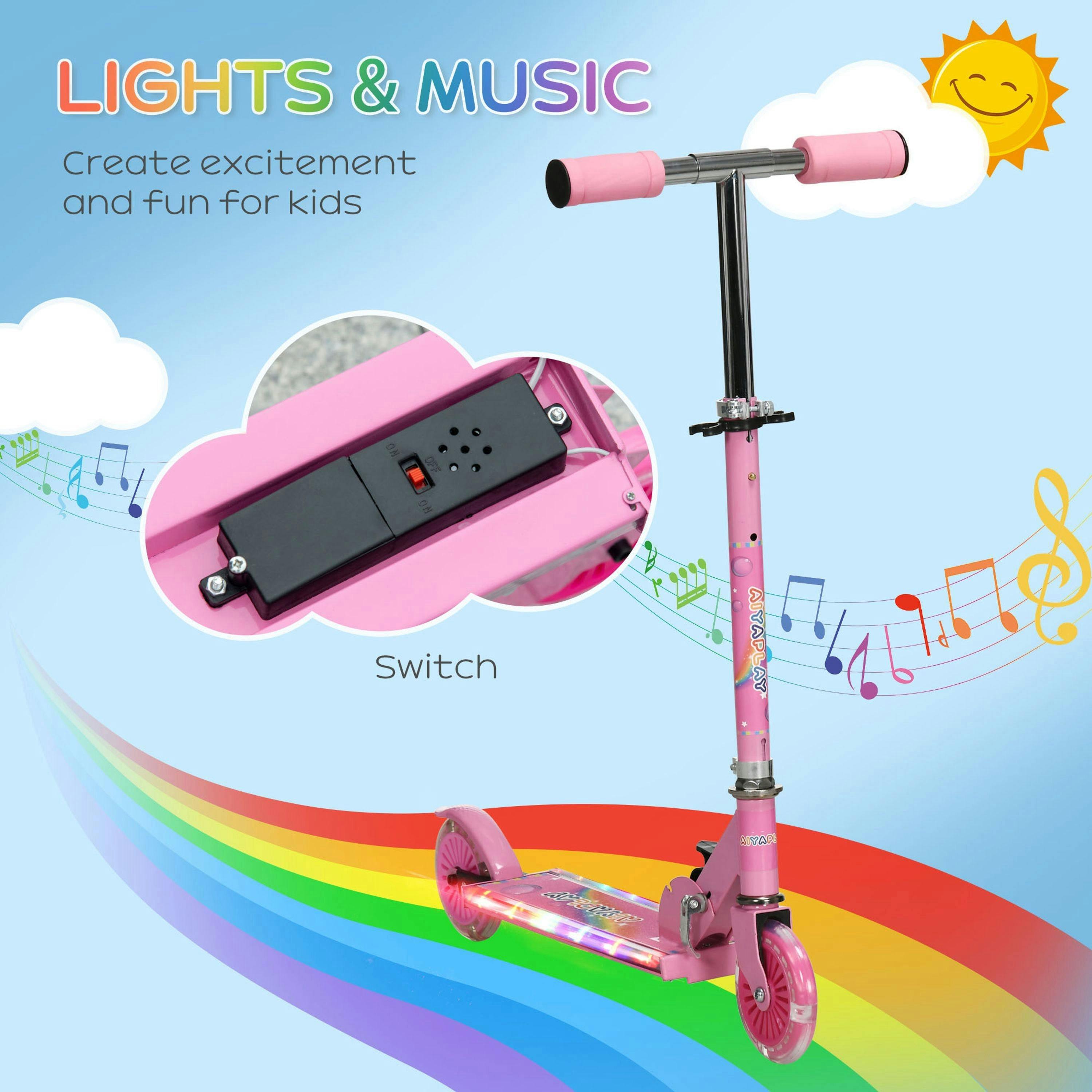 HOMCOM Kids Scooter with Lights, Music, Adjustable Height, Foldable Frame, LED Wheels, for Ages 3-7 Years - Pink , view 4 of 6