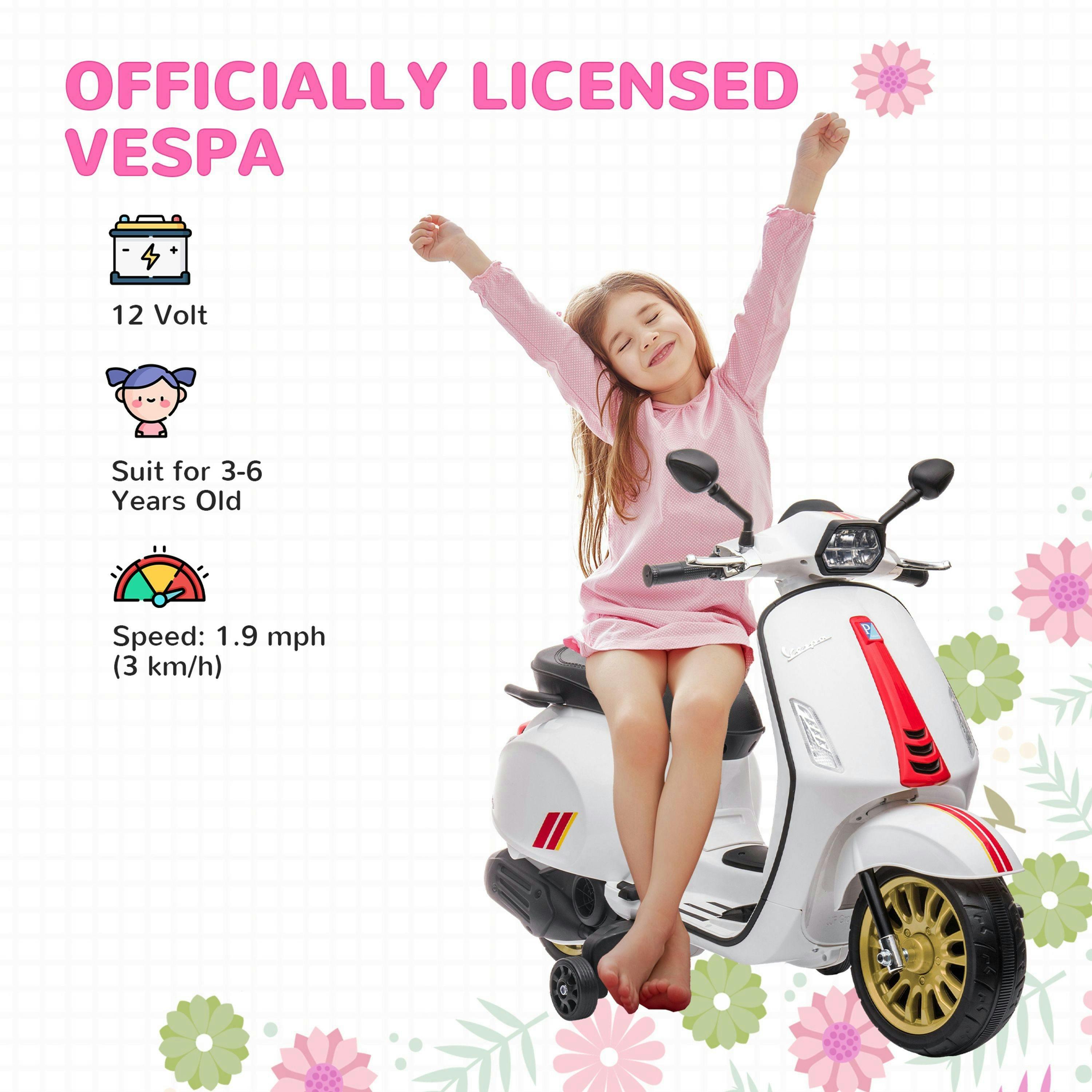 AIYAPLAY Vespa Licensed 12V Kids Electric Motorbike, Kids Ride on Motorcycle with Music, Head Light, MP3, FM Radio, Two Training Wheels, for 3-6 Years , view 4 of 6