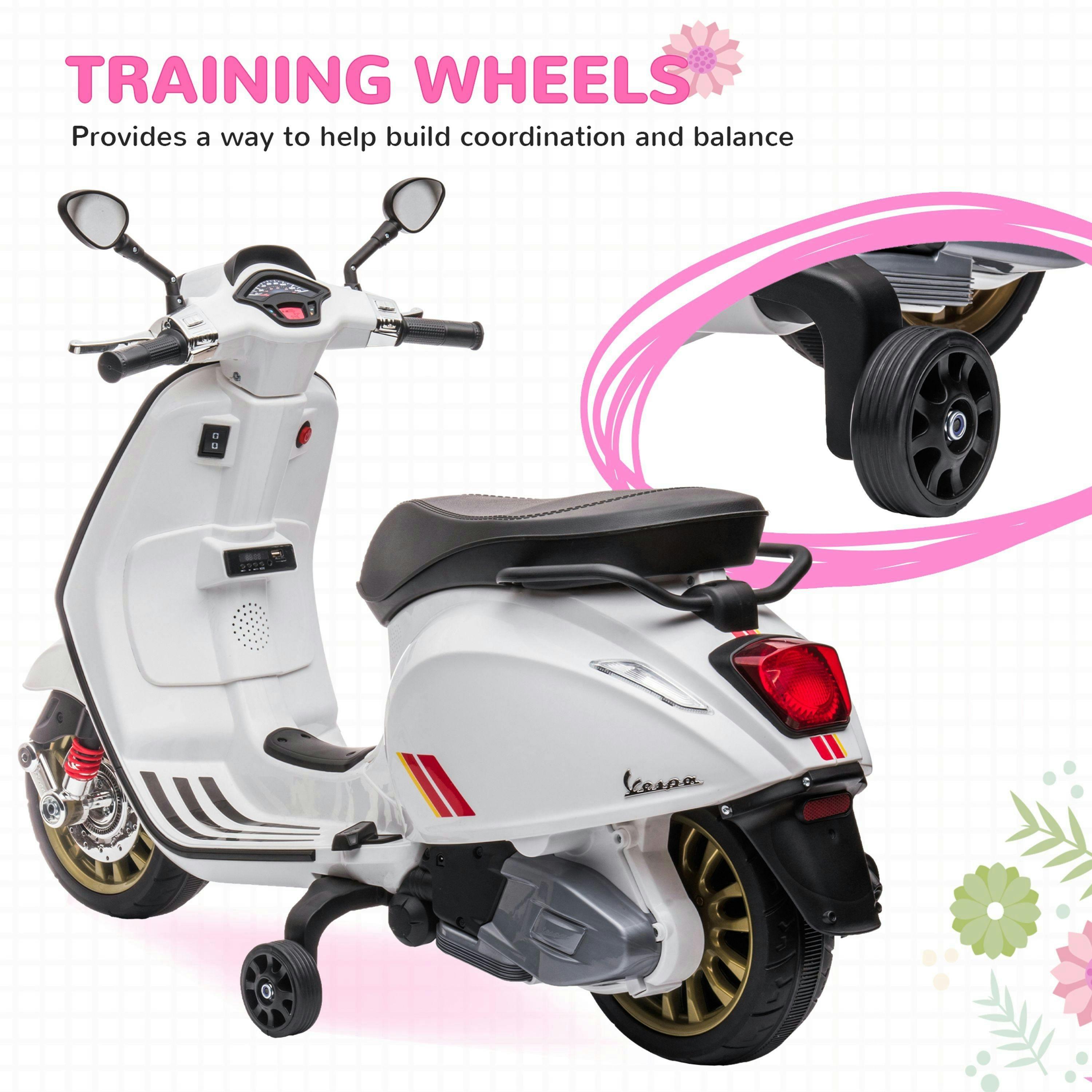 AIYAPLAY Vespa Licensed 12V Kids Electric Motorbike, Kids Ride on Motorcycle with Music, Head Light, MP3, FM Radio, Two Training Wheels, for 3-6 Years , view 6 of 6