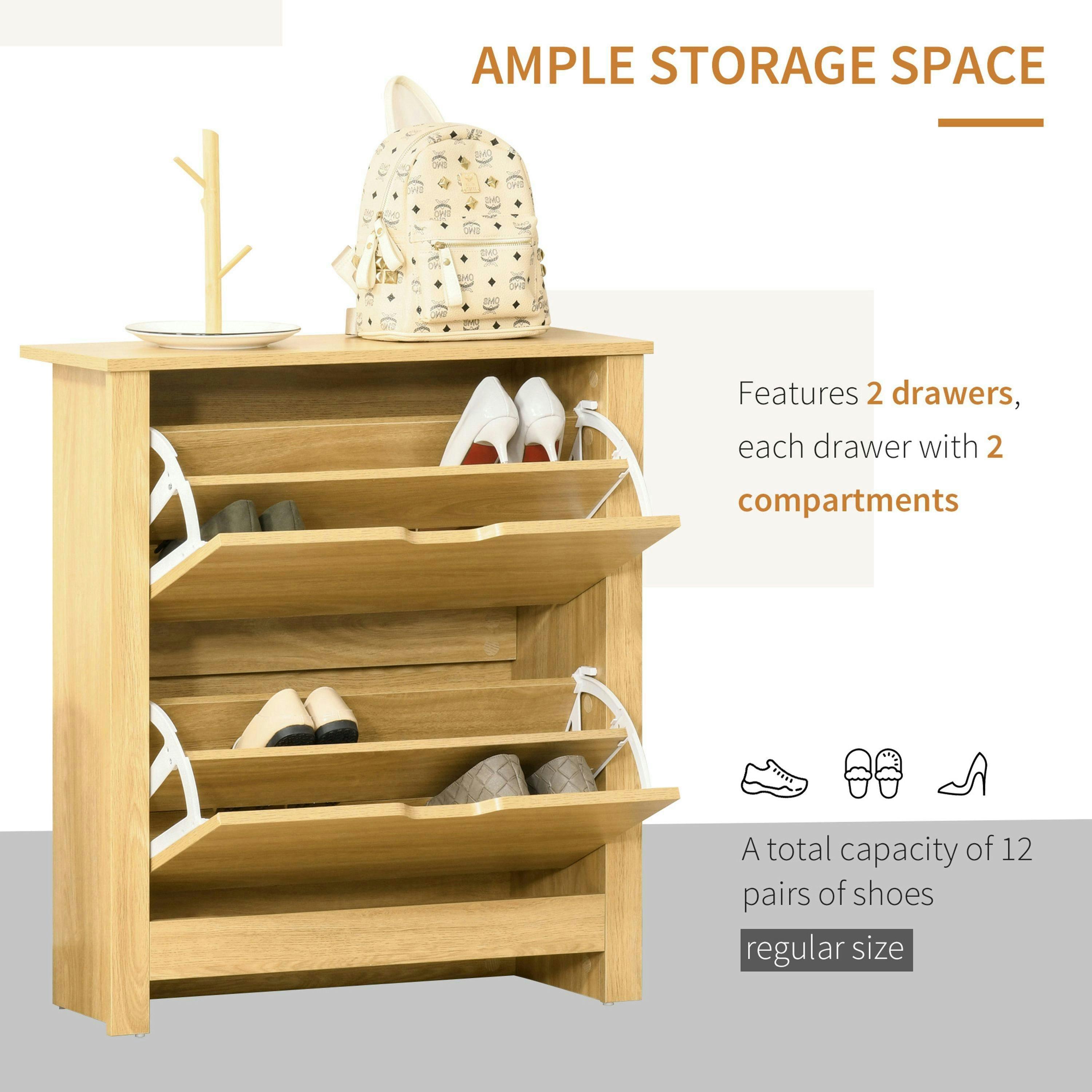 HOMCOM 12-Shoe Storage Cabinet 4 Shelves 2 Drawers Tabletop , view 4 of 5