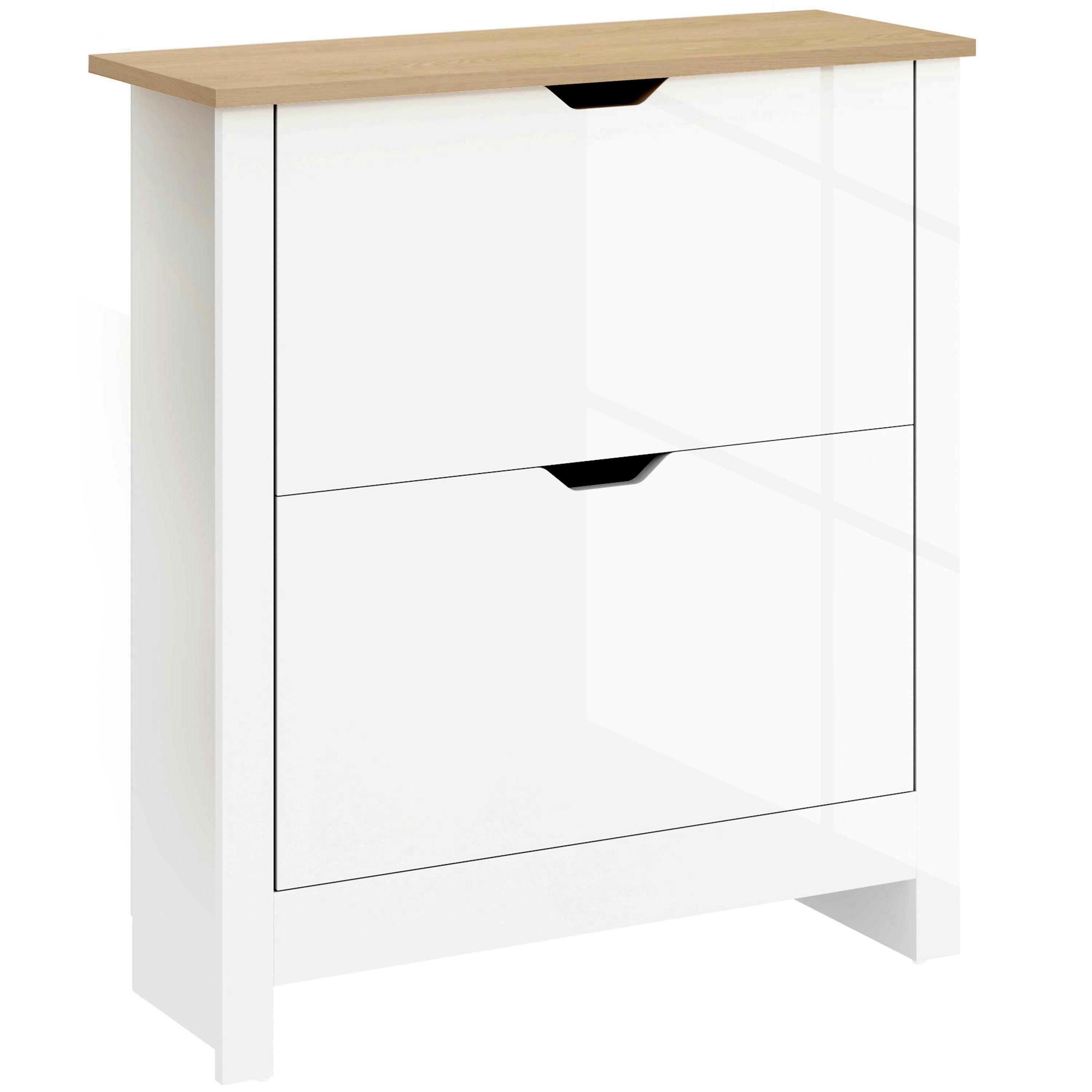 HOMCOM 12-Shoe Storage Cabinet 4 Shelves 2 Drawers Tabletop High Gloss White , view 2 of 5