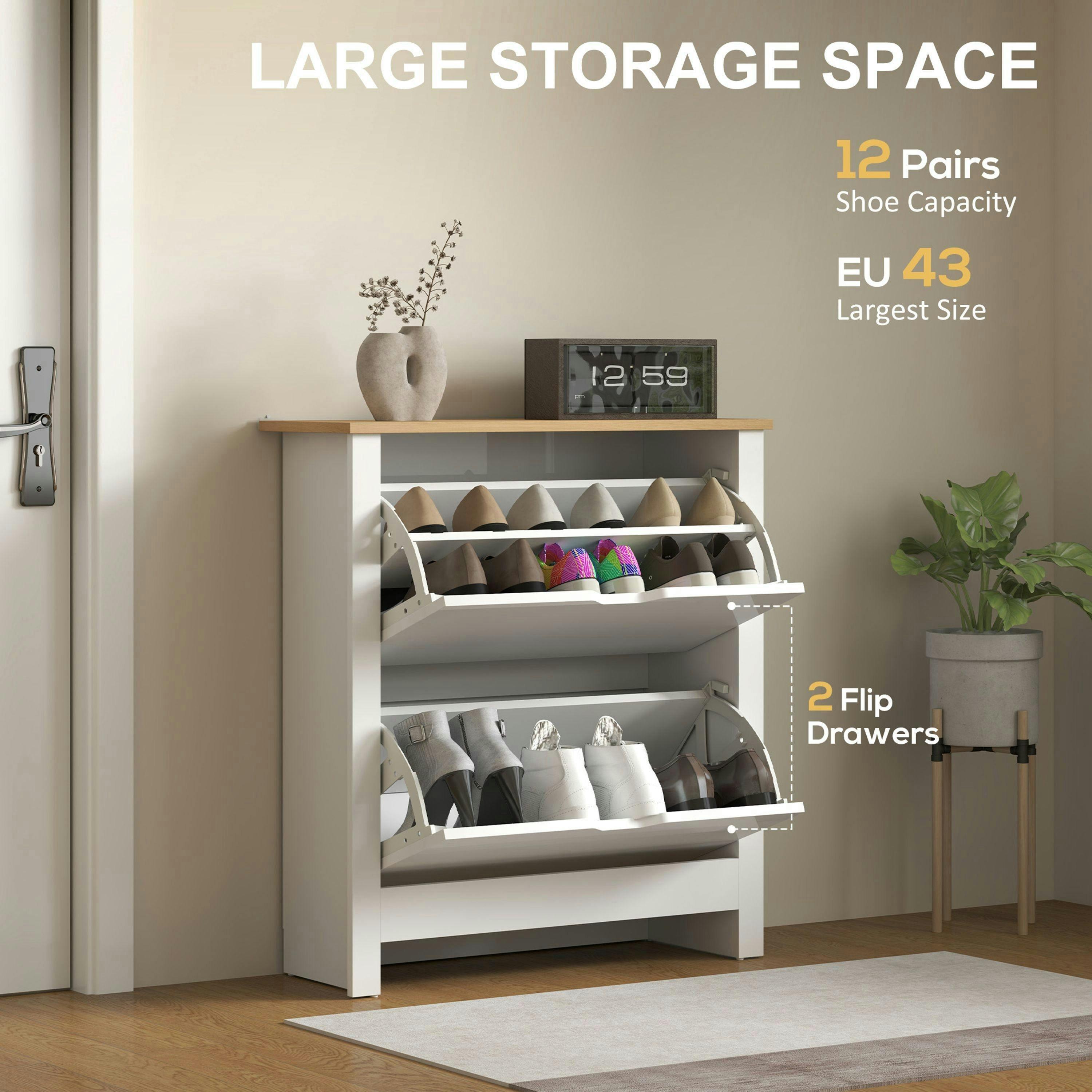 HOMCOM 12-Shoe Storage Cabinet 4 Shelves 2 Drawers Tabletop High Gloss White , view 4 of 5