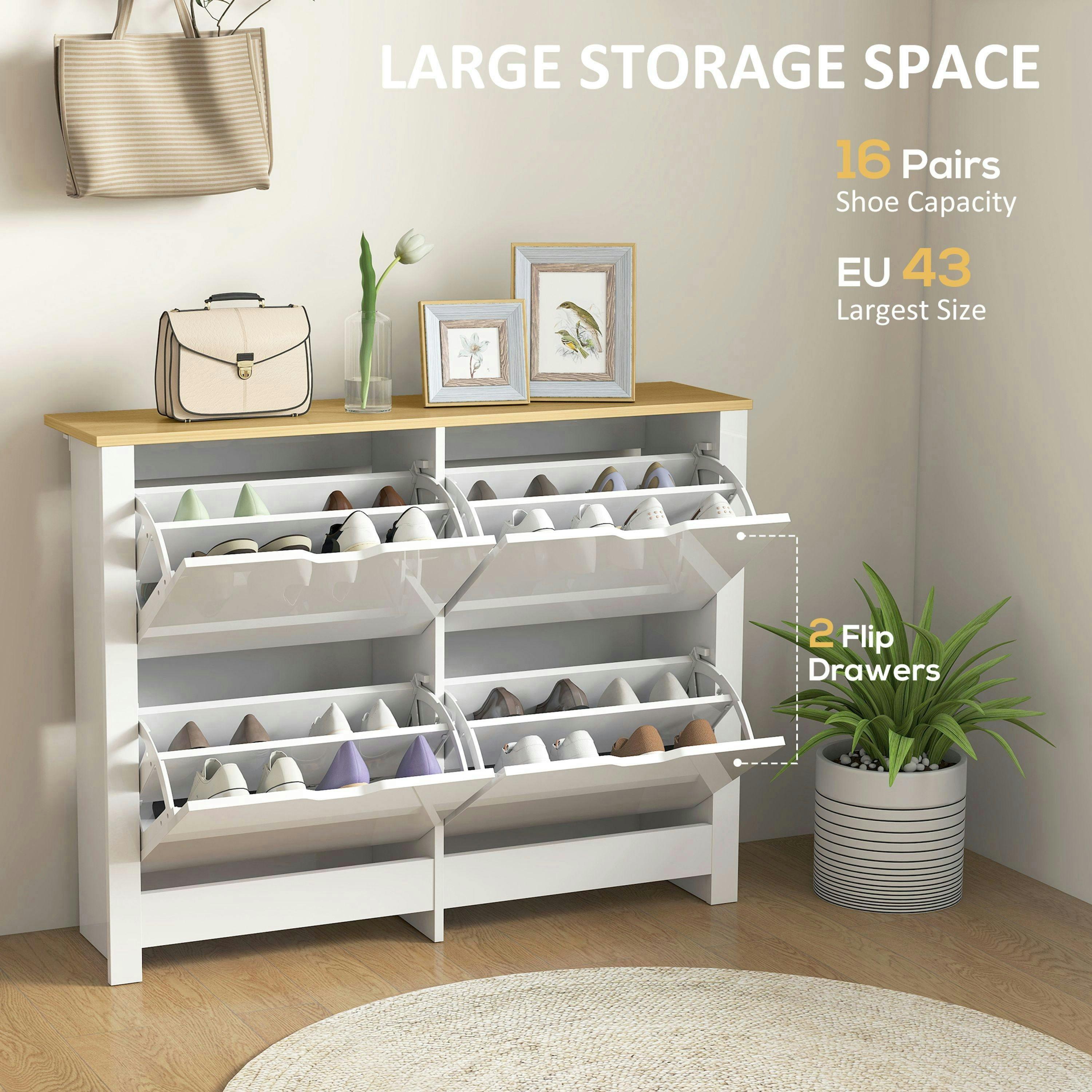 HOMCOM 16-Shoe Storage Cabinet 4 Shelves 4 Drawers Tabletop White , view 4 of 5