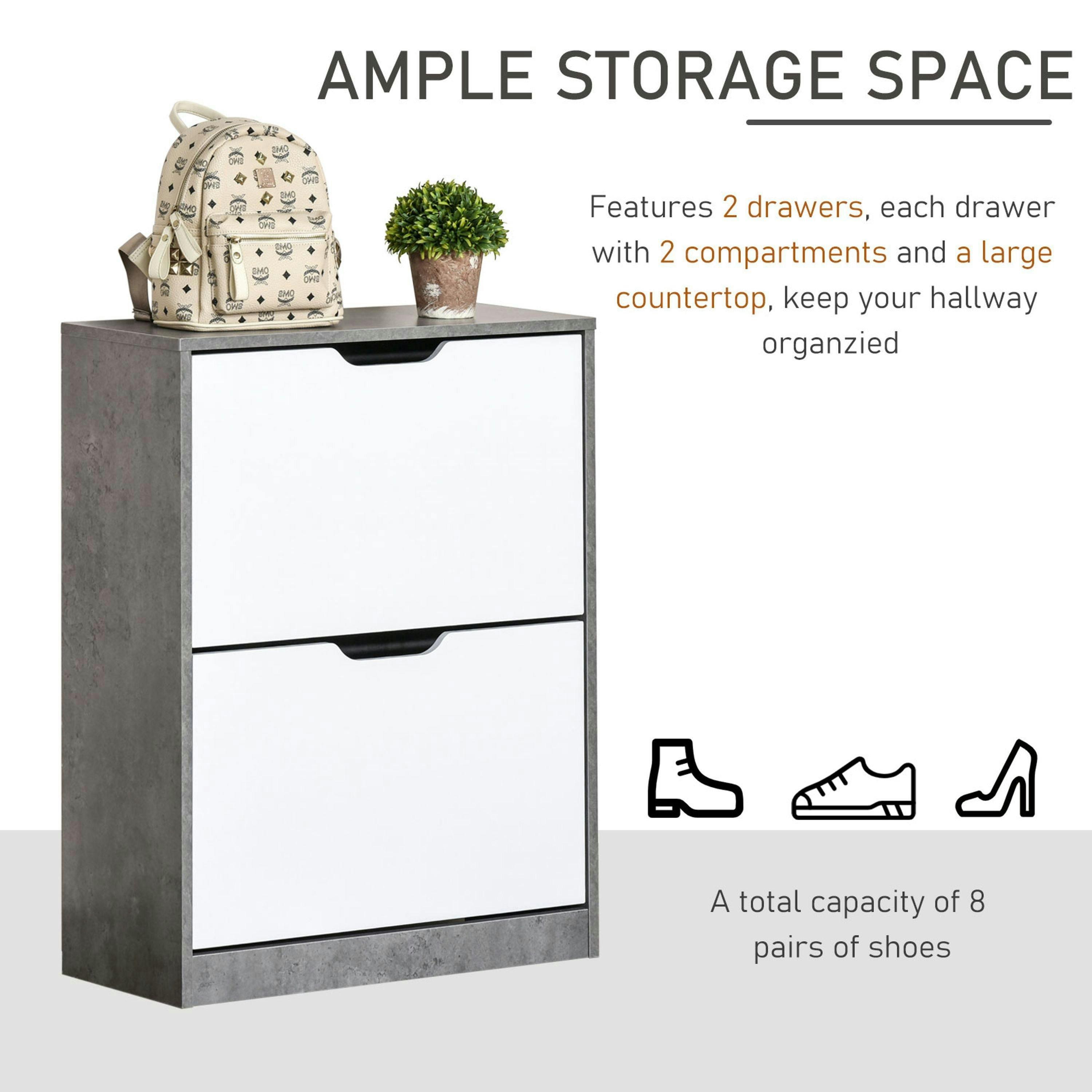 HOMCOM Two Drawer Shoe Cabinet Home Storage Organiser w/ Groove Handles Hallway , view 4 of 5