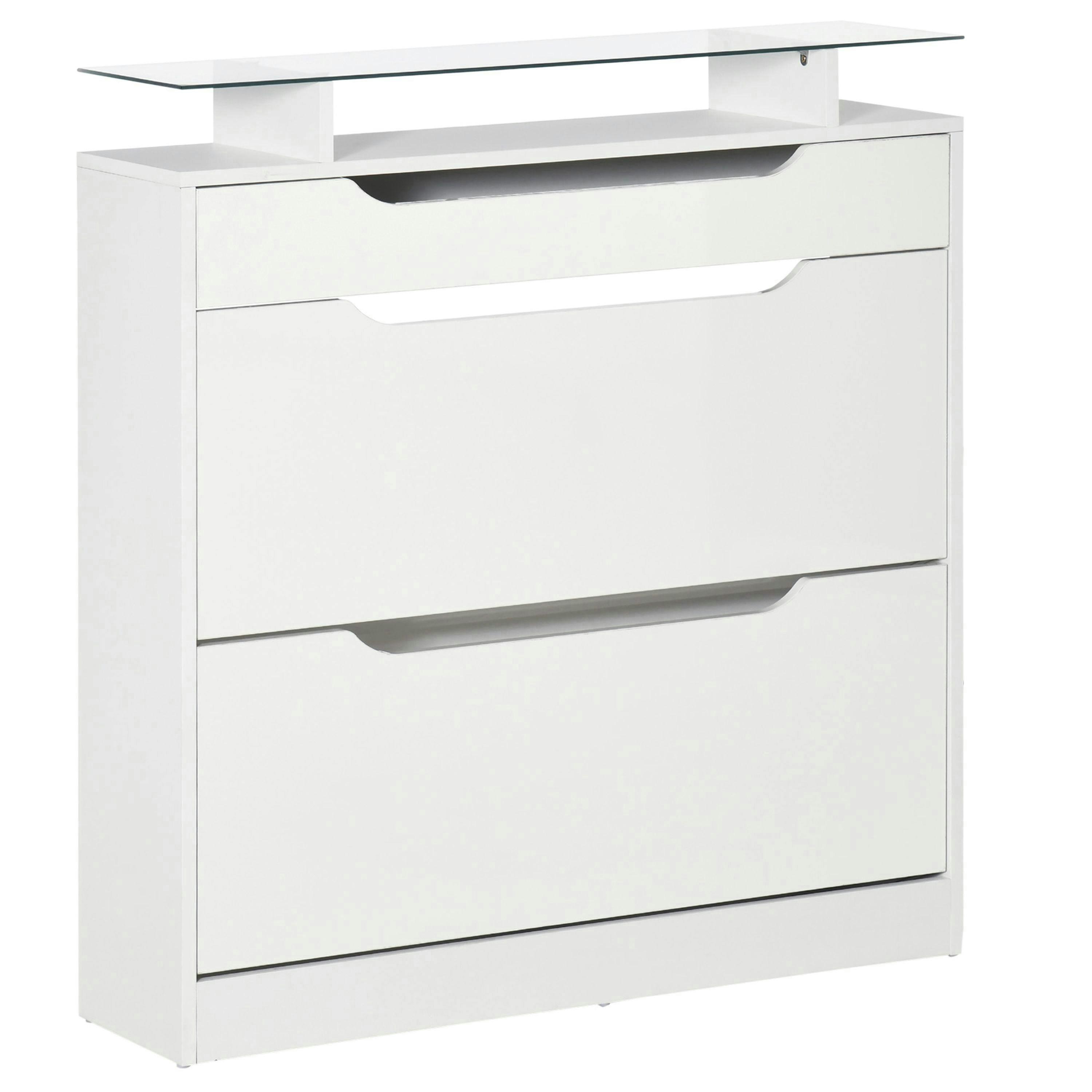 HOMCOM Shoe Cabinet with 3 Drawers, High Gloss Front Panels, Glass Top , view 2 of 5