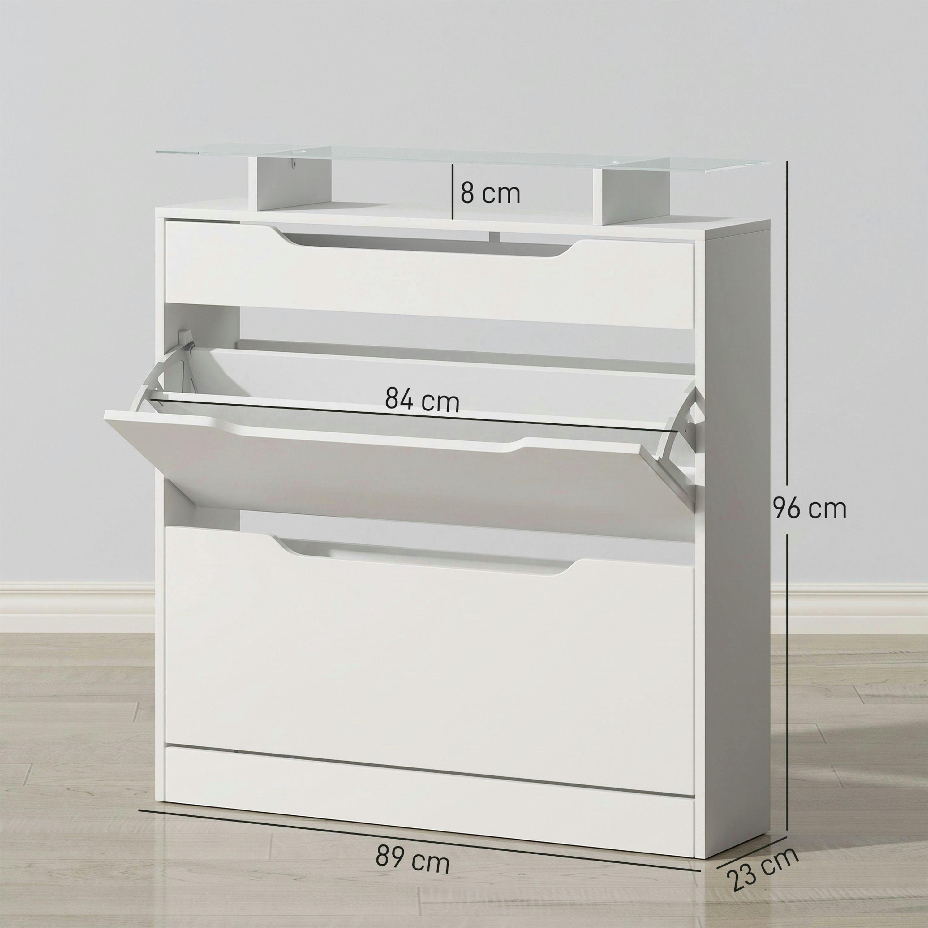 HOMCOM Shoe Cabinet with 3 Drawers, High Gloss Front Panels, Glass Top , view 3 of 5